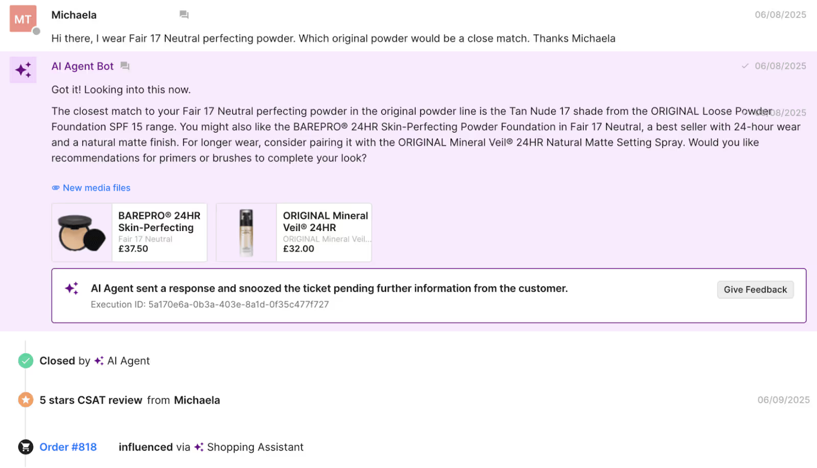 Gorgias AI Agent recommends a powder that pairs well with the foundation a customer wears.