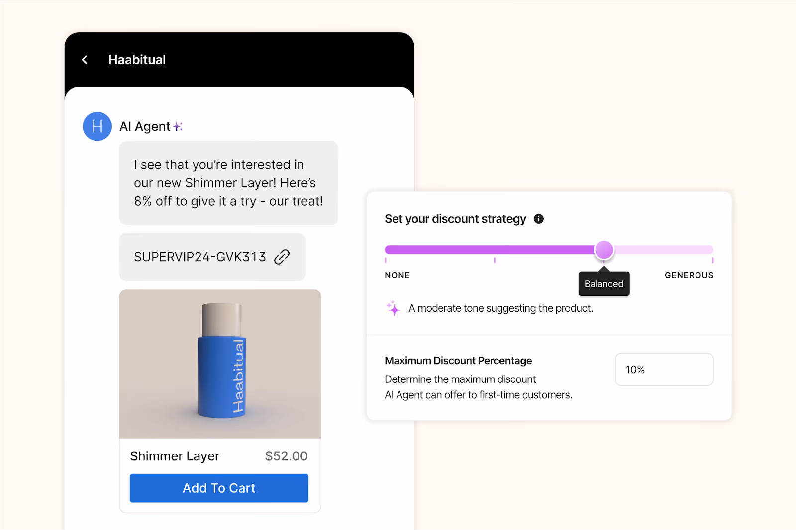 AI Agent chat offering 8% discount on Haabitual Shimmer Layer with adjustable strategy slider.