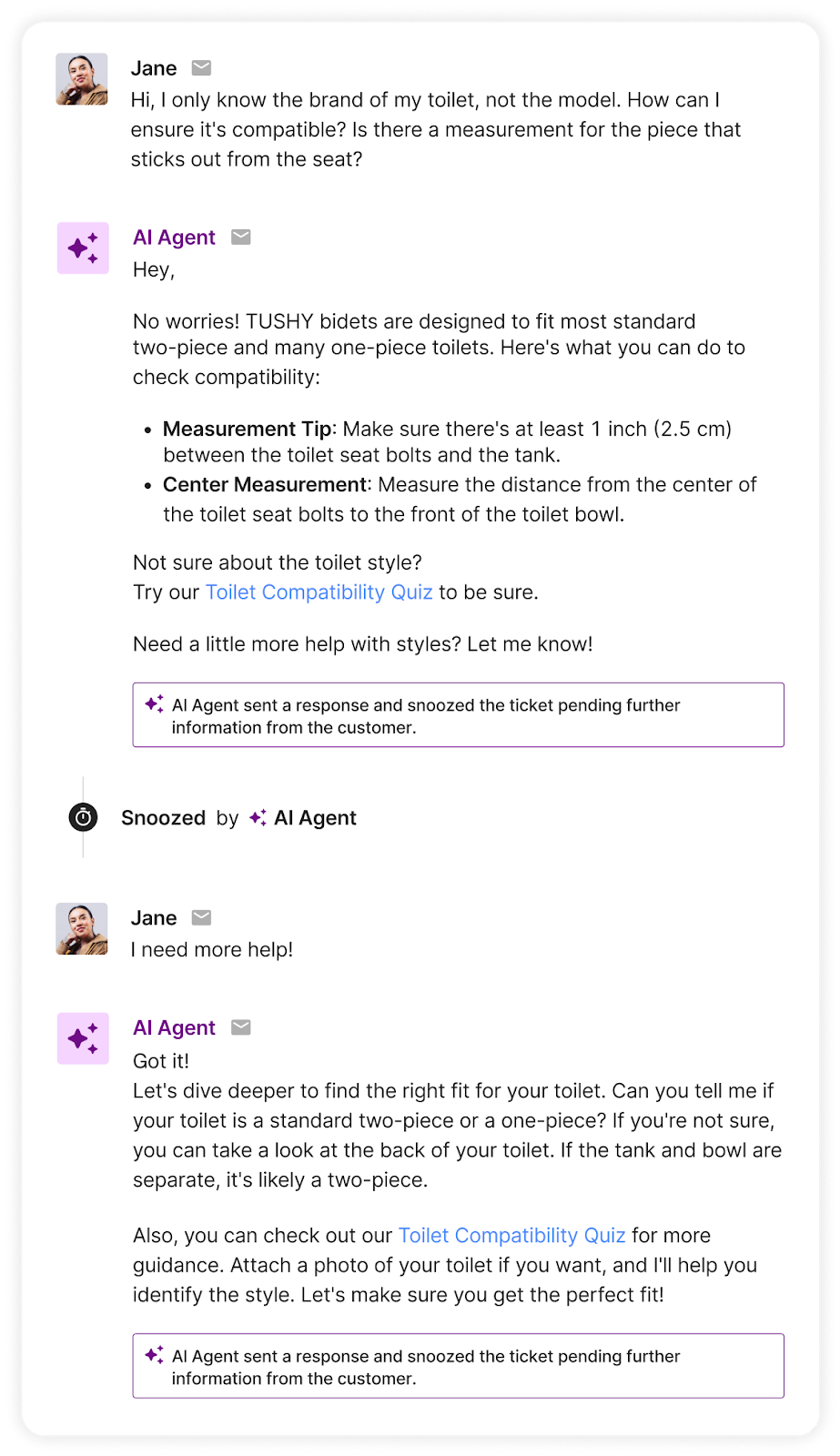 AI Agent chat helping customer check toilet compatibility and measurements for TUSHY bidet.