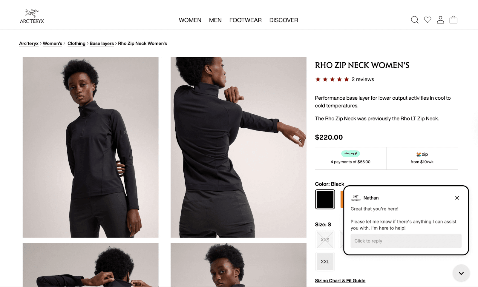 Arc'teryx Rho Zip Neck Women's product page showing black base layer and live chat box.