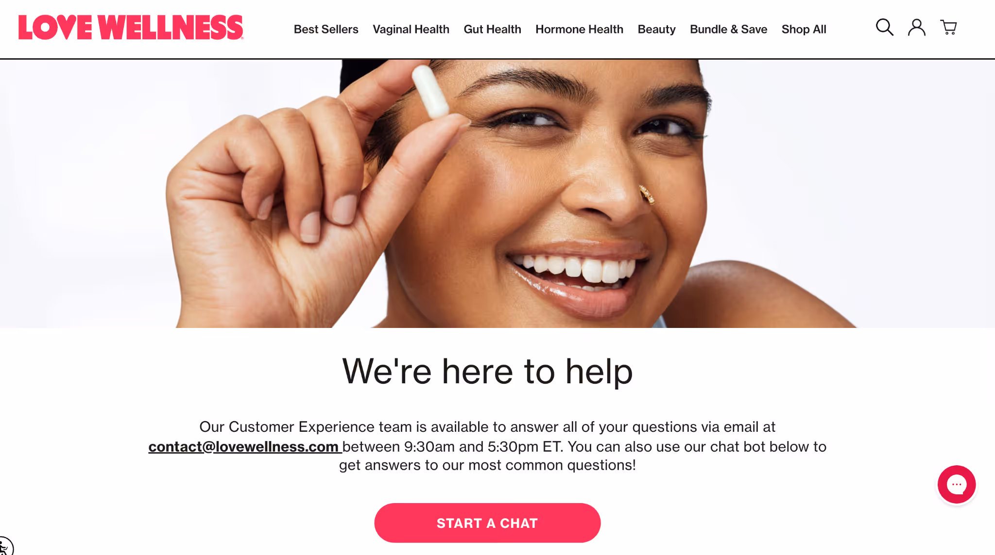 Love Wellness contact us page tells them to contact email or to use their chat