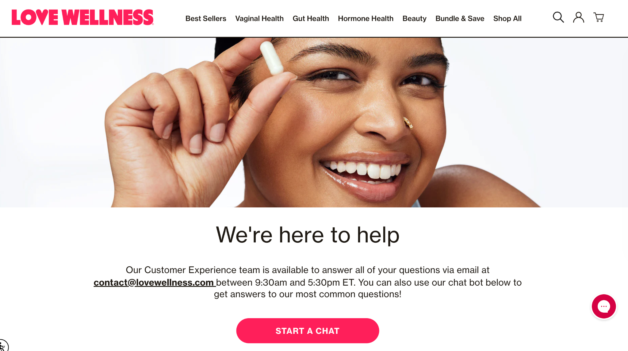 Love Wellness contact us page tells them to contact email or to use their chat