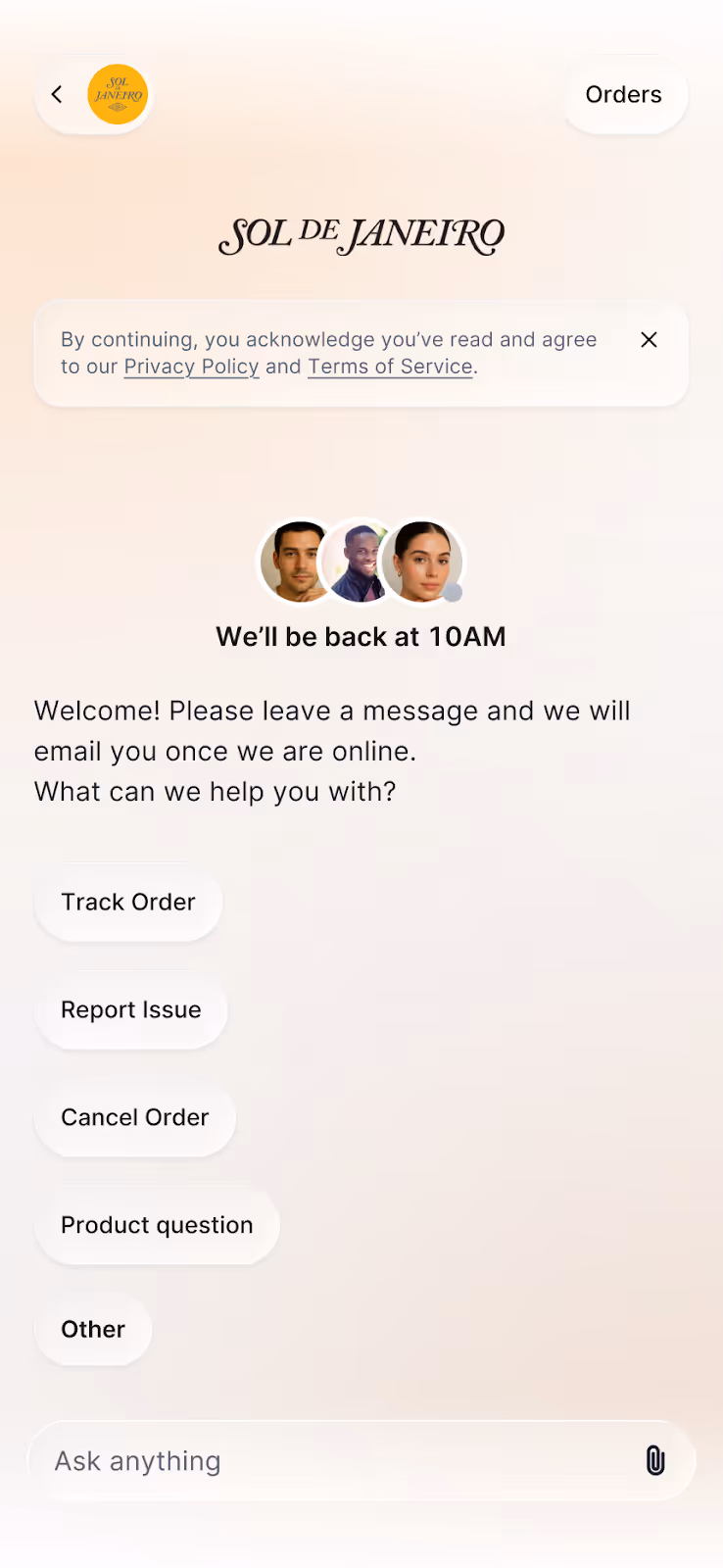 Sol de Janeiro's Gorgias Chat has an orange to gray gradient background. A list of shortcuts like Track order, Report issue, and Other are listed.