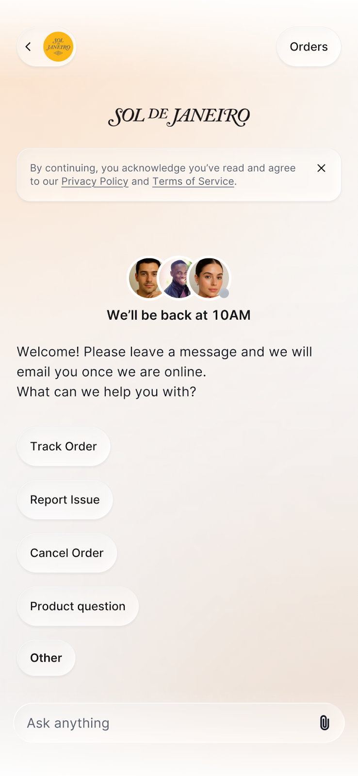 Sol de Janeiro's Gorgias Chat has an orange to gray gradient background. A list of shortcuts like Track order, Report issue, and Other are listed.