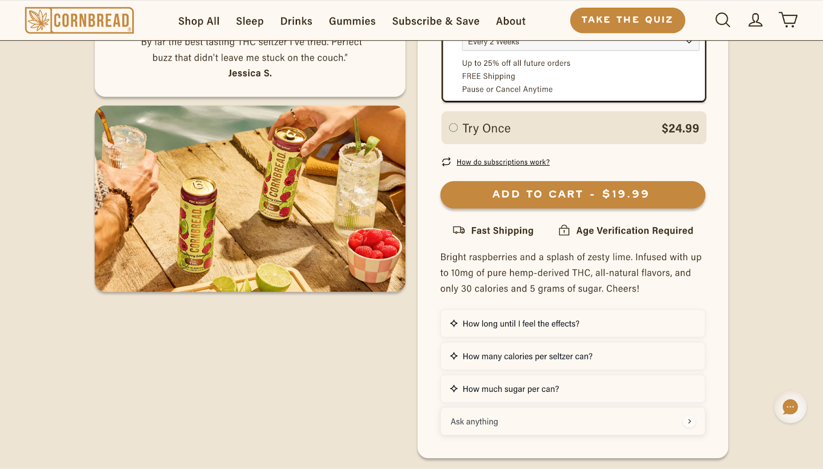 Cornbread Hemp's product pages includes a list of clickable product questions that open up Chat when clicked. 