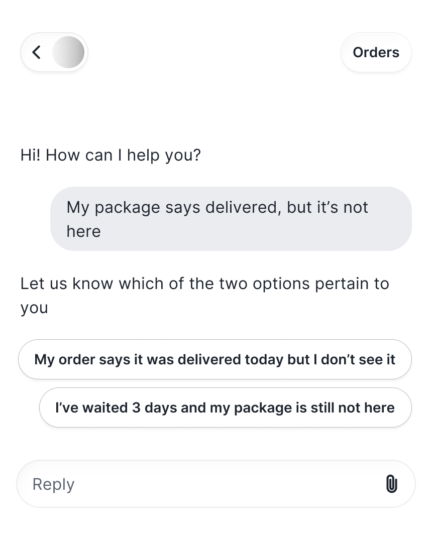 Clickable replies to an undelivered package is shown in Gorgias Chat to reduce typing.
