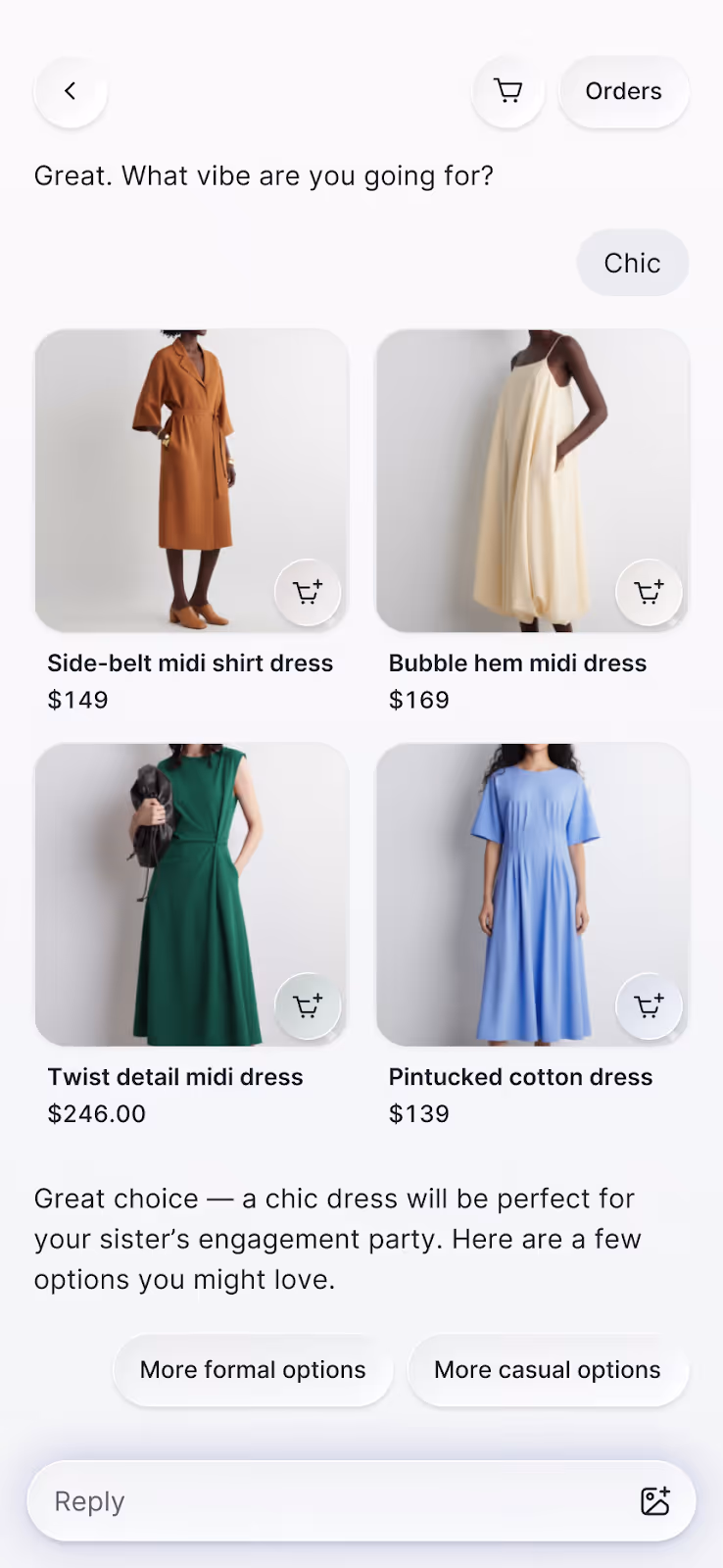 AI Agent provides four product recommendations, each with its own clickable product cards. 