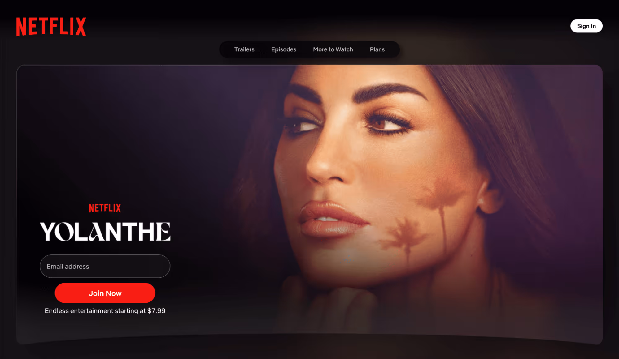 Close-up of a woman’s face on a Netflix promotional banner for the series “Yolanthe.”