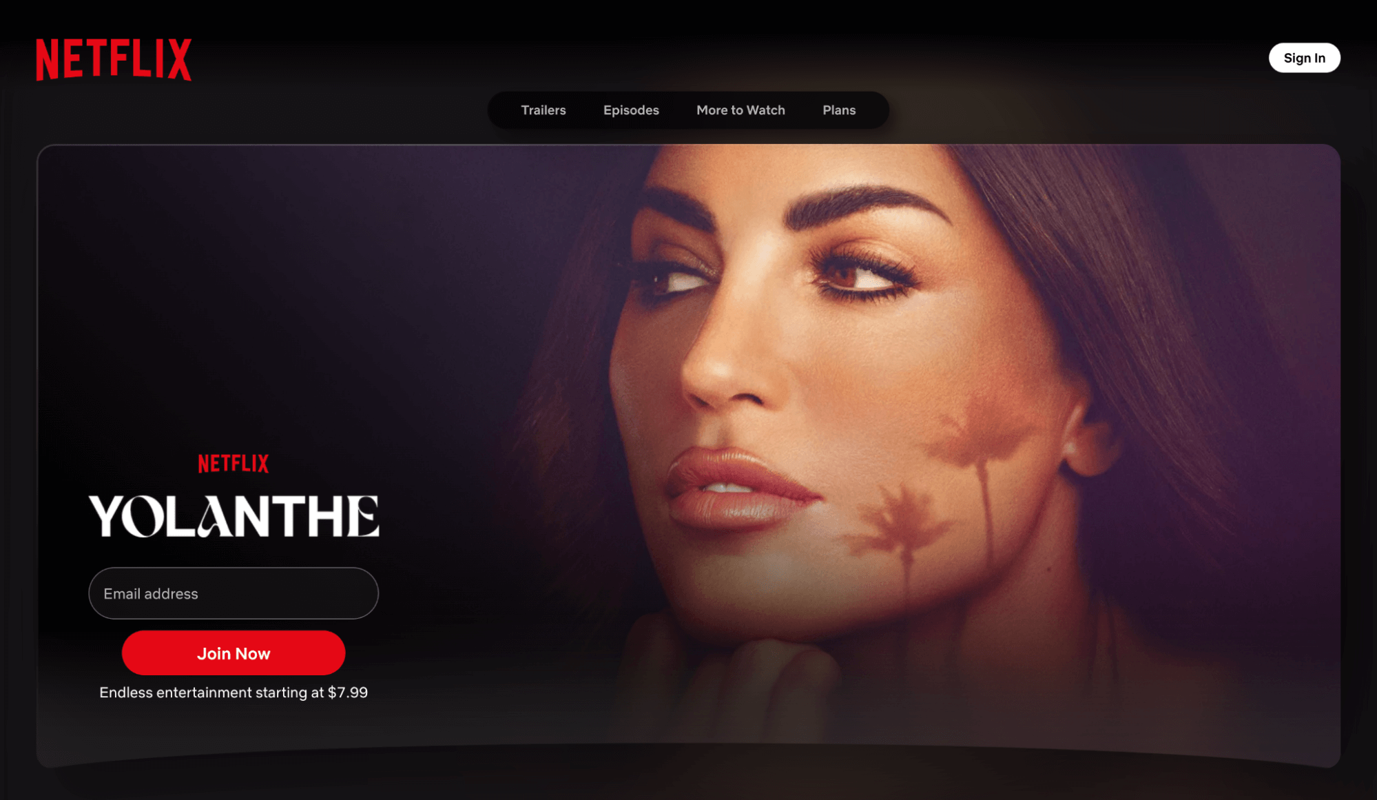 Close-up of a woman’s face on a Netflix promotional banner for the series “Yolanthe.”