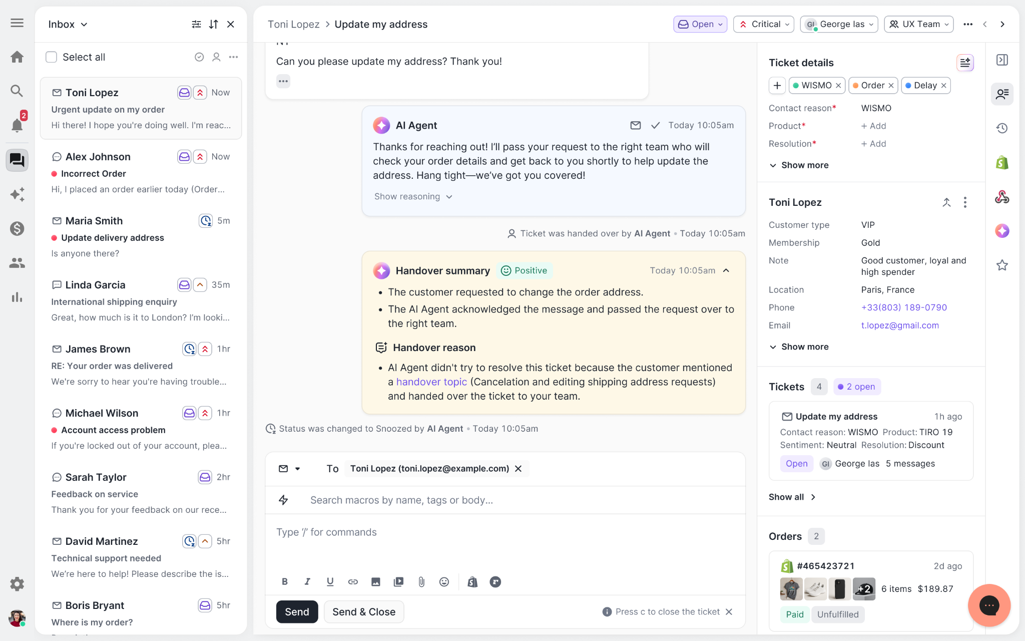 AI Agent includes a handover summary in the ticket thread.