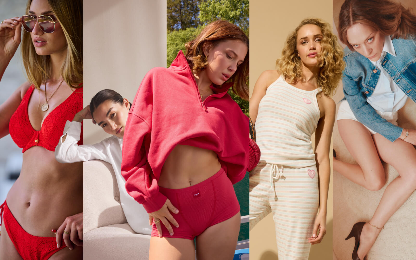 Brand portfolio collage featuring lifestyle photography from Bare Necessities, Splendid, PJ Salvage, Florence by Mills, and 7 For All Mankind, showcasing swimwear, loungewear, sleepwear, and casual fashion collections.