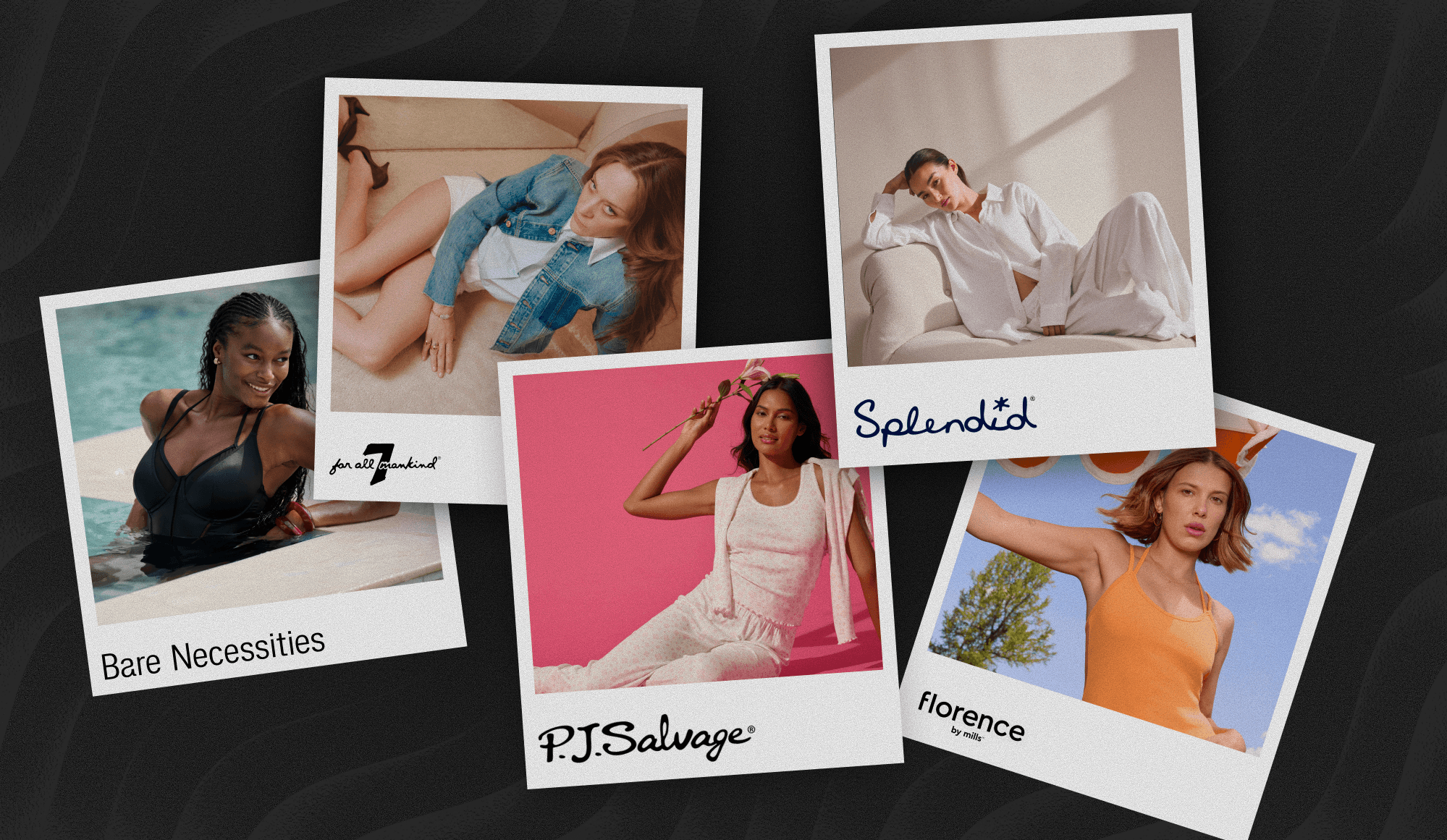 Collage of lifestyle campaign images representing Bare Necessities, Splendid, PJ Salvage, Florence by Mills, and 7 For All Mankind, highlighting the ecommerce brands supported through customer service automation.