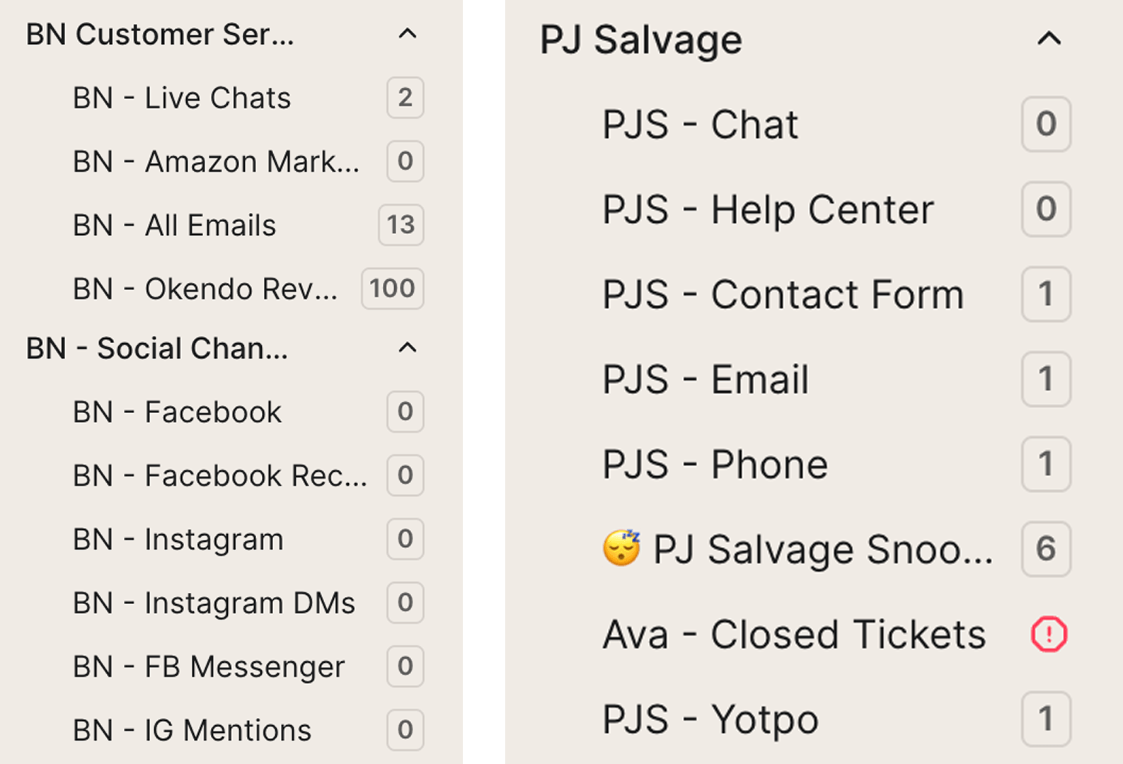 Gorgias inbox showing customer support teams and channel assignments for multiple ecommerce brands, including live chat, email, phone, social media, help center, and review management queues.