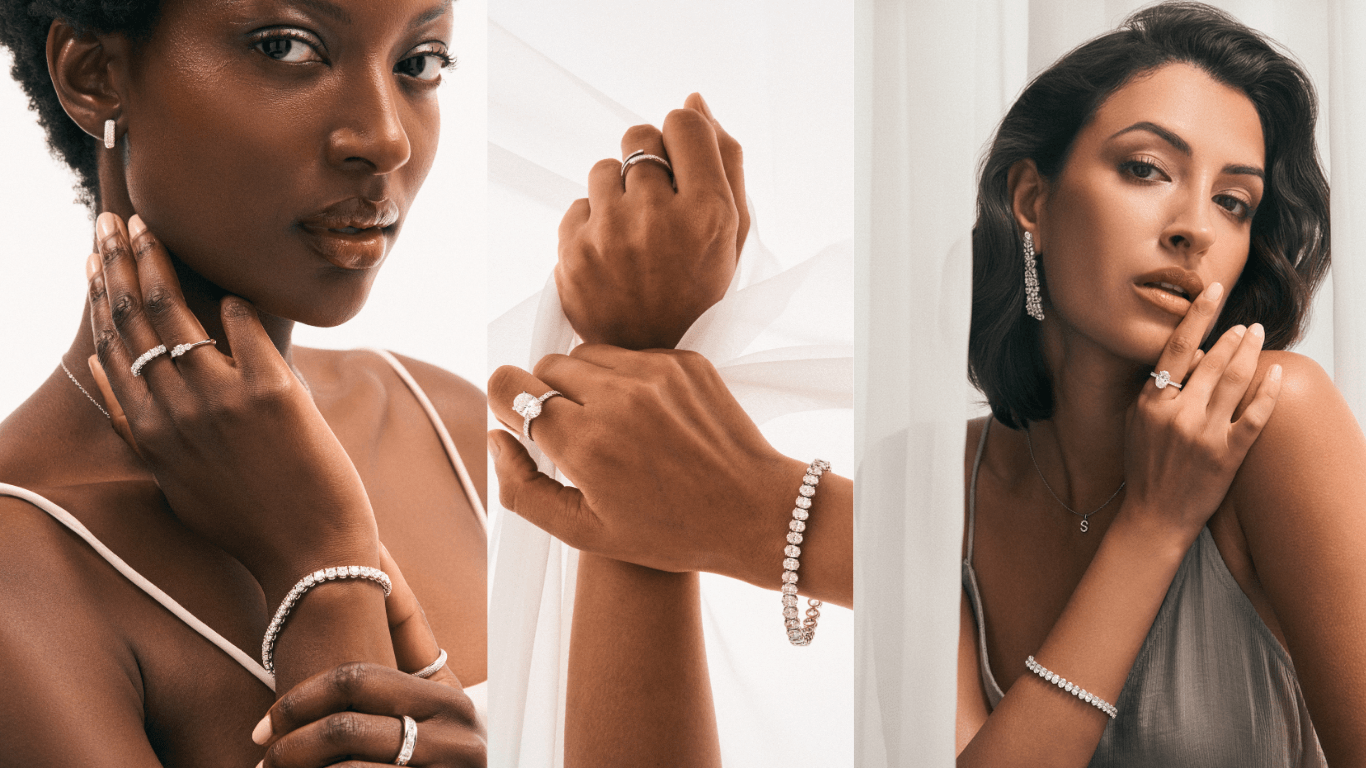 Three images of women modelling The Diamond Store's products.