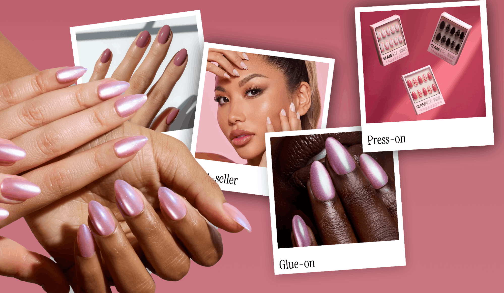 Glamnetic nail collage featuring pink press-on and glue-on nails on hands, alongside product packaging and a model wearing a pink manicure.