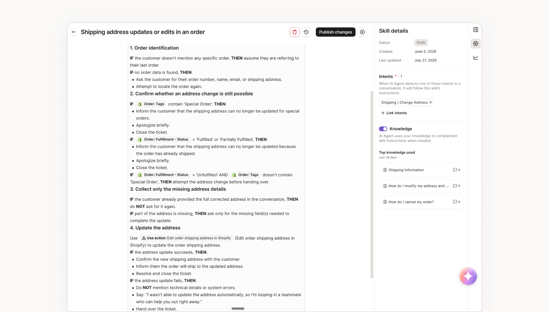 Glamnetic's AI Agent Skill showing instructions for handling customer requests to update a shipping address, including order checks, Shopify actions, and ticket handover.