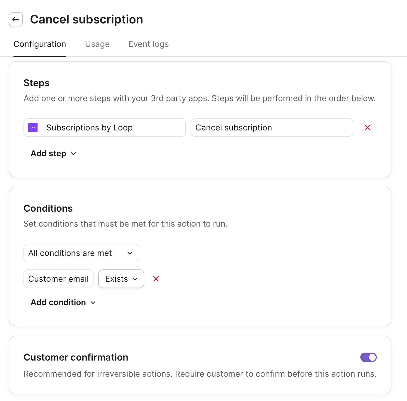 Gorgias action configuration for UKLASH showing a Loop Subscriptions workflow that can cancel a customer subscription when required conditions are met and customer confirmation is received.