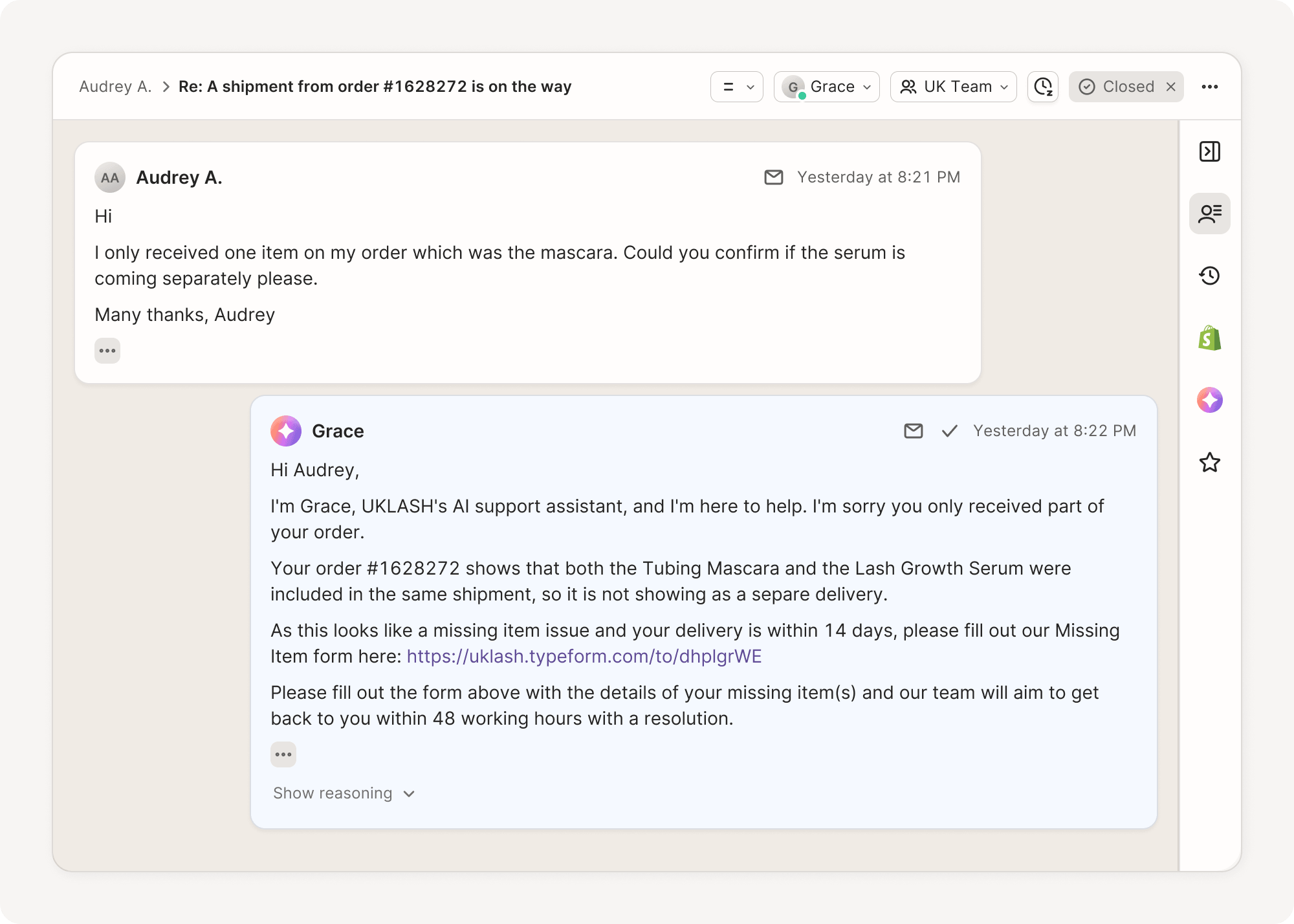 Gorgias AI Agent conversation for UKLASH where a customer reports a missing serum and the AI support assistant checks the shipment details and directs them to the missing-item resolution process.