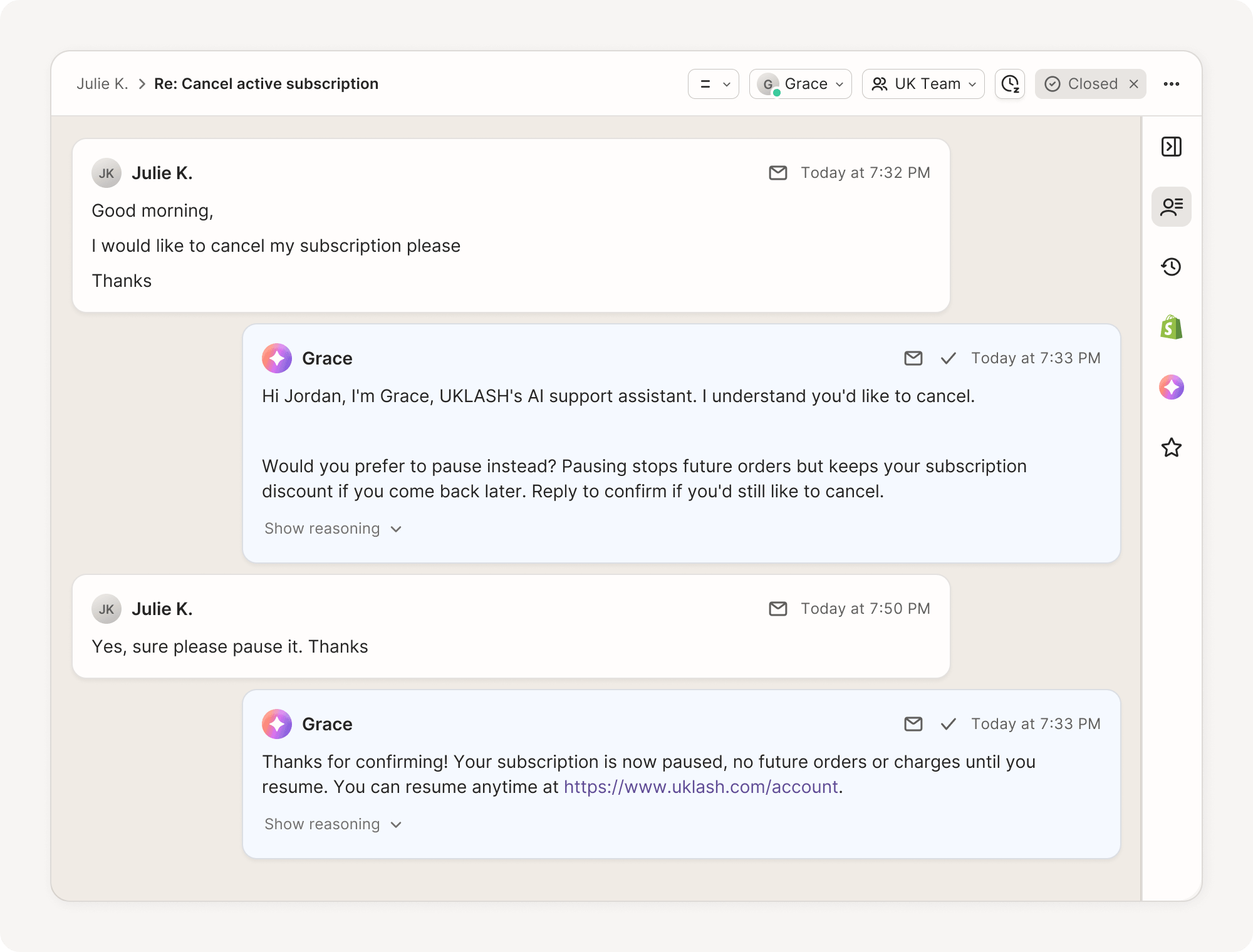 Gorgias AI Agent conversation for UKLASH where a customer asks to cancel a subscription, chooses to pause it instead, and receives confirmation that future orders and charges are paused.
