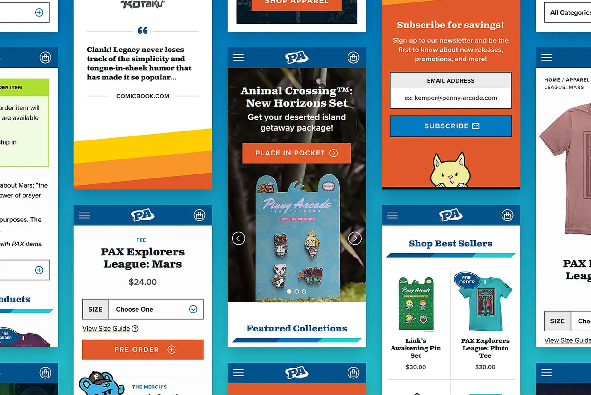 A collage of mobile screens showing the homepage, collection grid, and product page