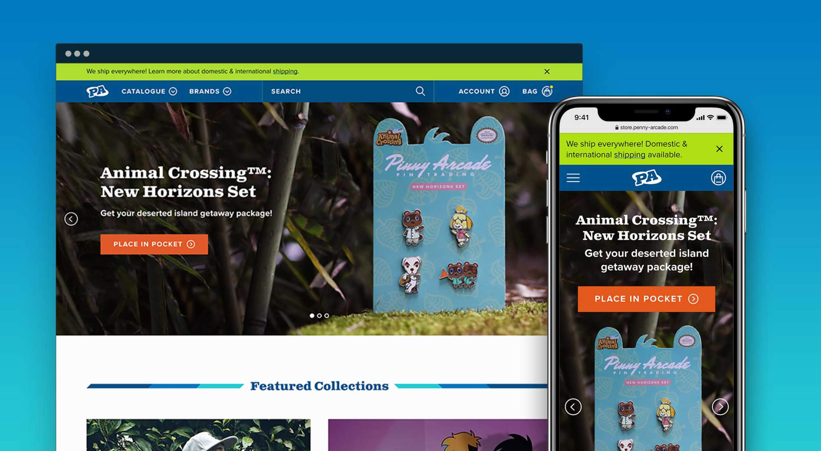 Desktop & mobile homepage mockups showing a featured product hero banner's full bleed product lifestyle photo.