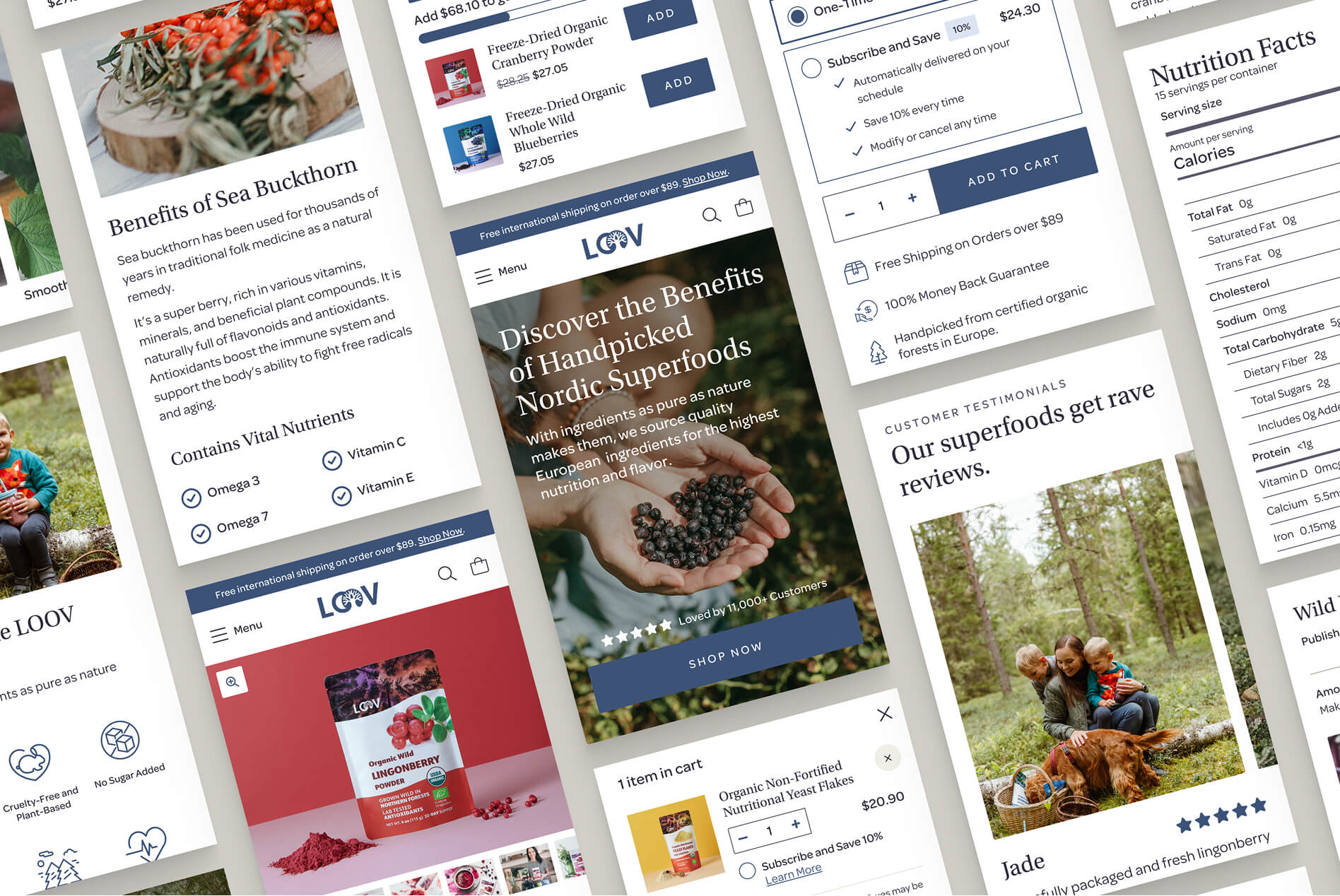 A collage of mobile screens showing the homepage, collection grid, and product page