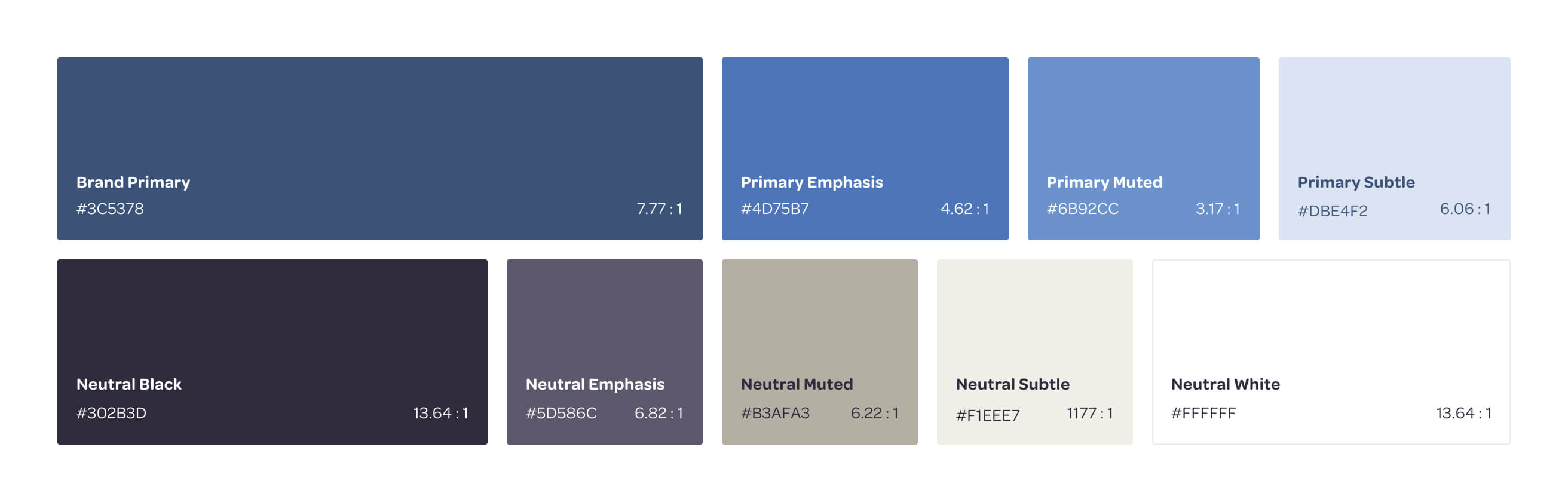 Primary blue and warm neutral tonal ranges with contrast ratios.