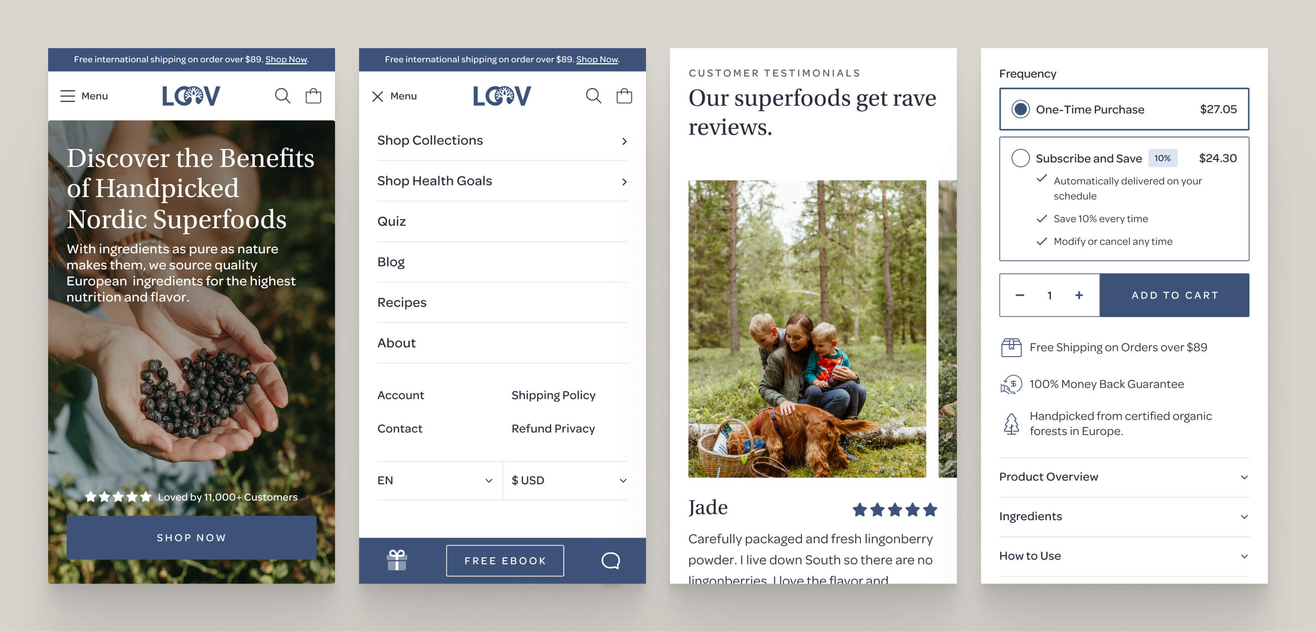 Mobile homepage, menu, and product form.