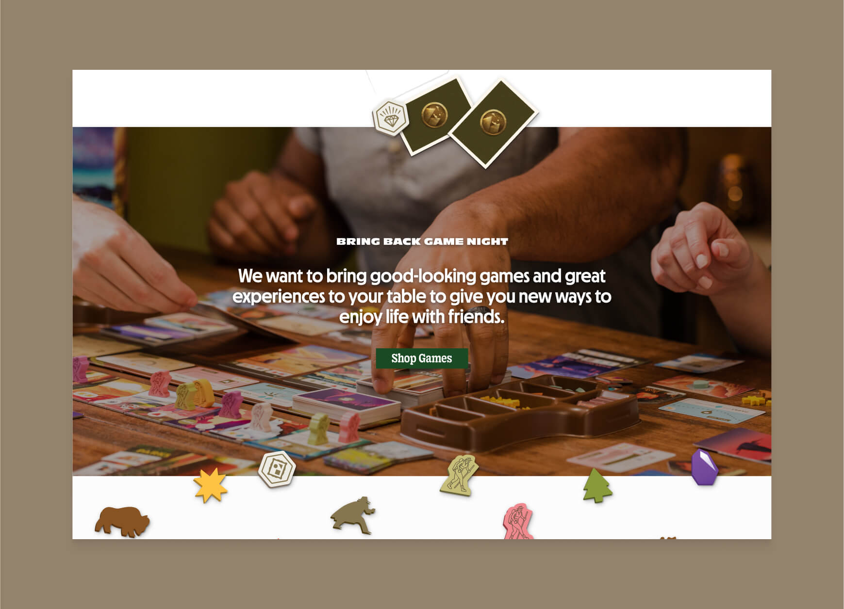 Layered game elements on the desktop mockup.