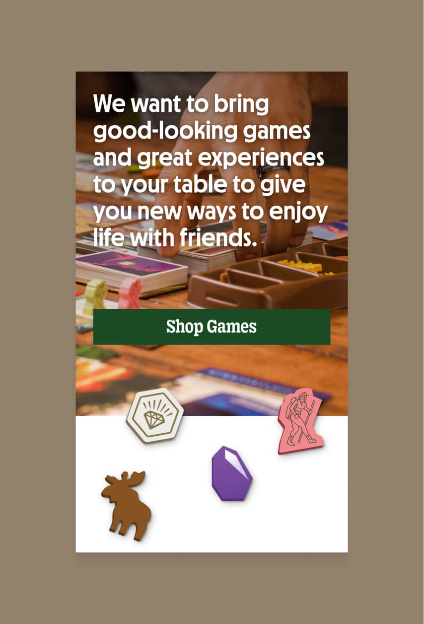 A banner component on mobile with full bleed image and layered game pieces.