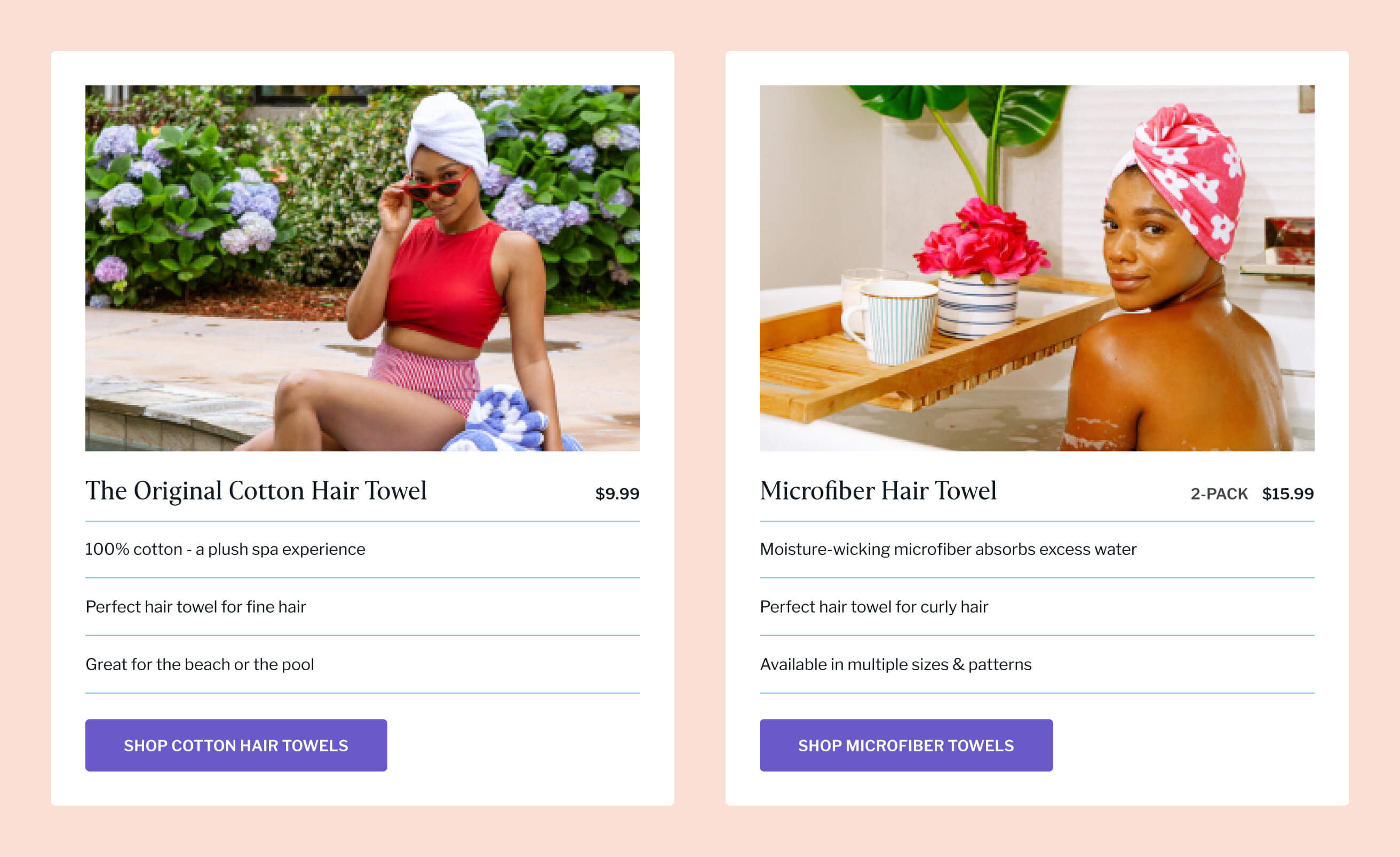 Comparison cards for the towel types list key features.