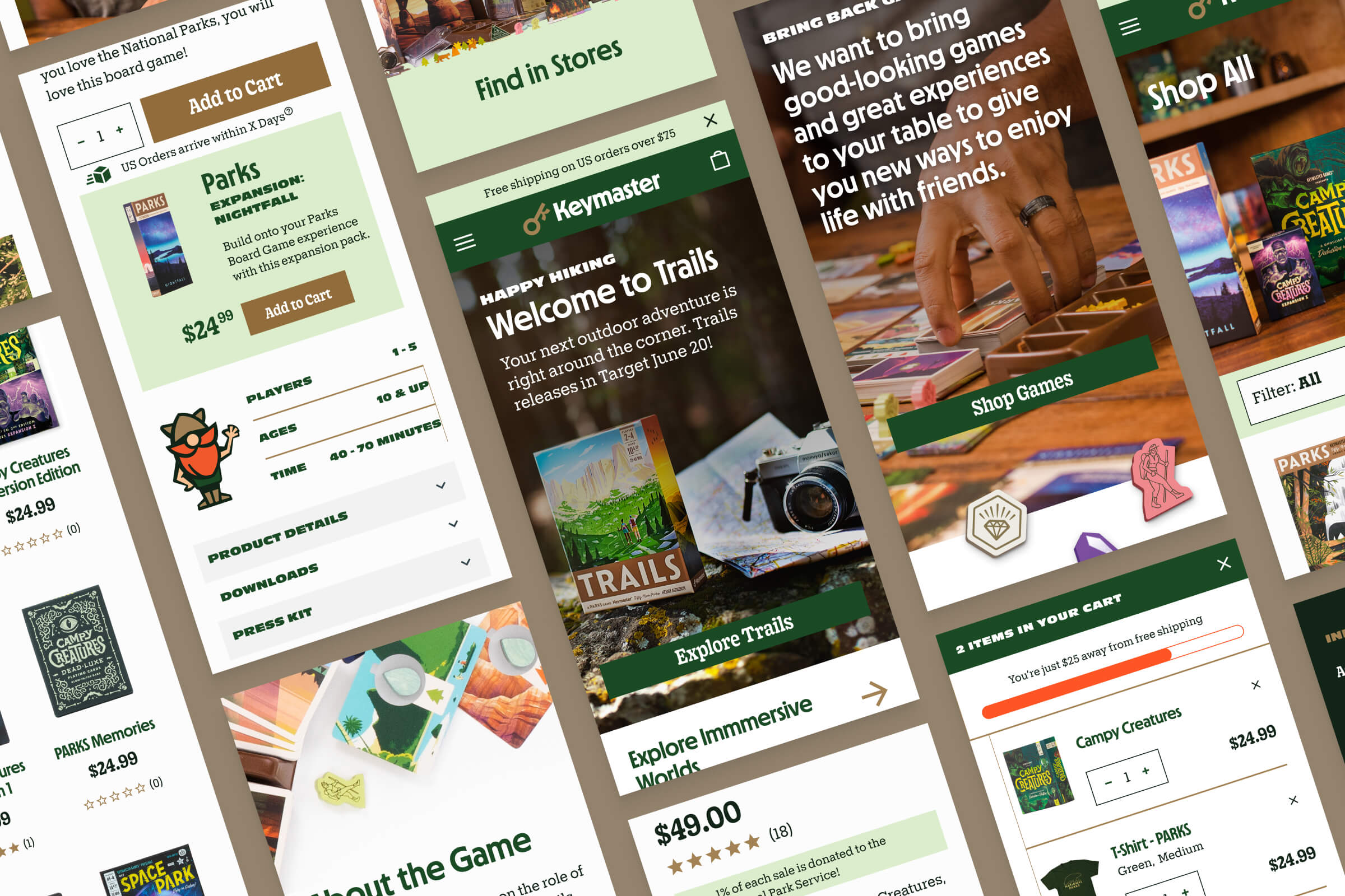 A collage of mobile screens showing the homepage, collection grid, and product page