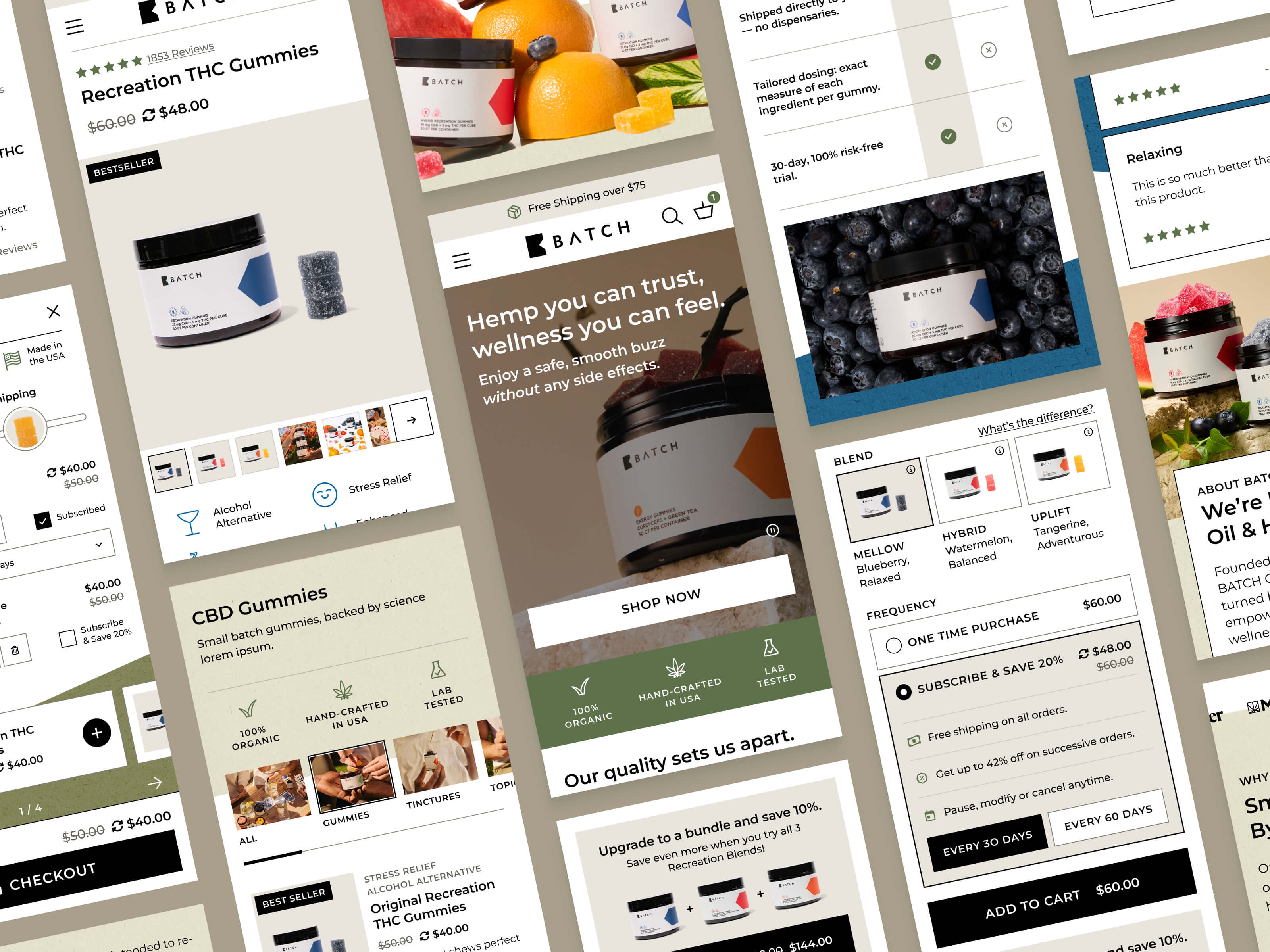 A collage of mobile screens showing the homepage, collection grid, and product page