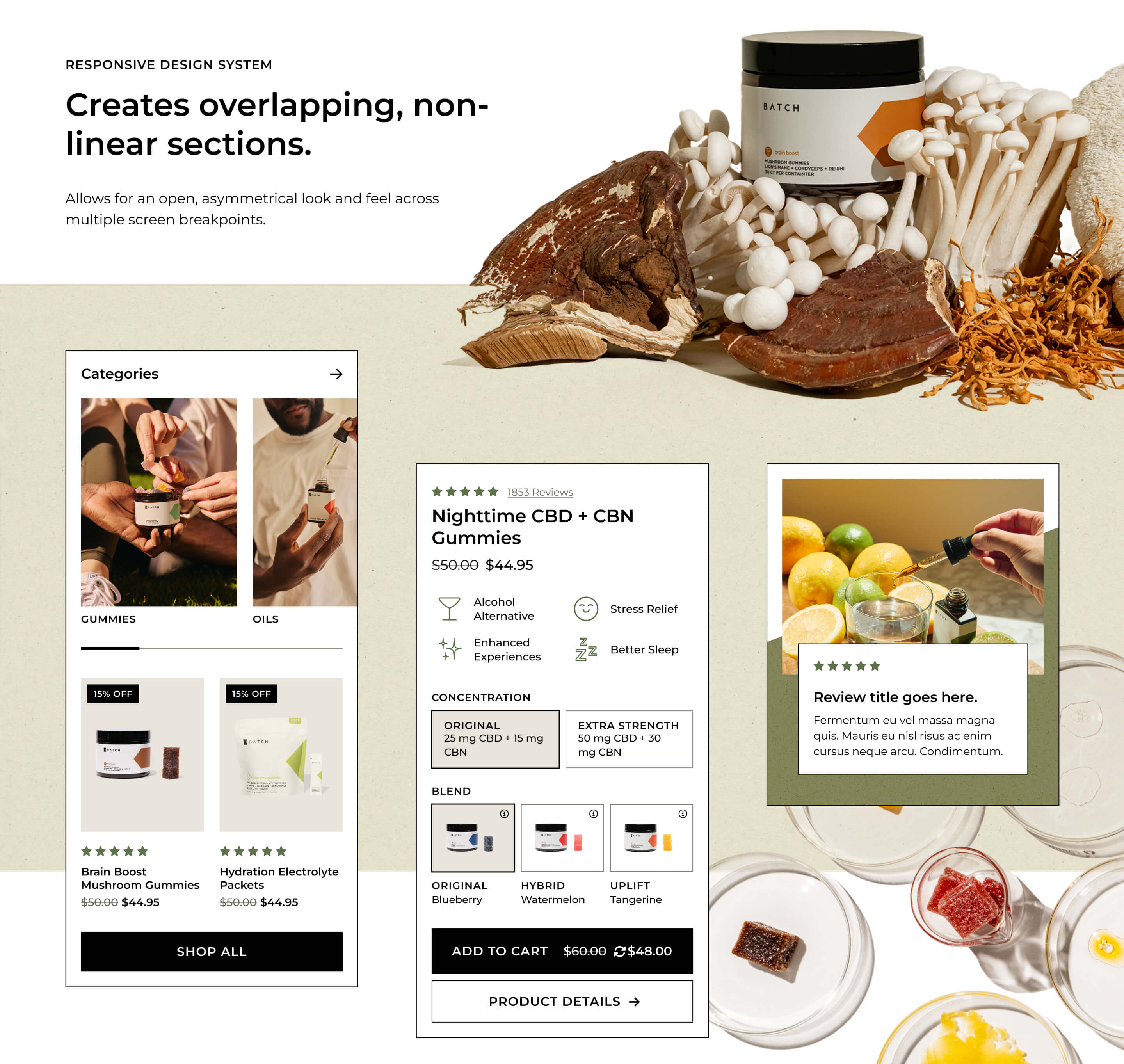 A mood board of UI elements showing overlapping images and textures, with various button and card link examples.