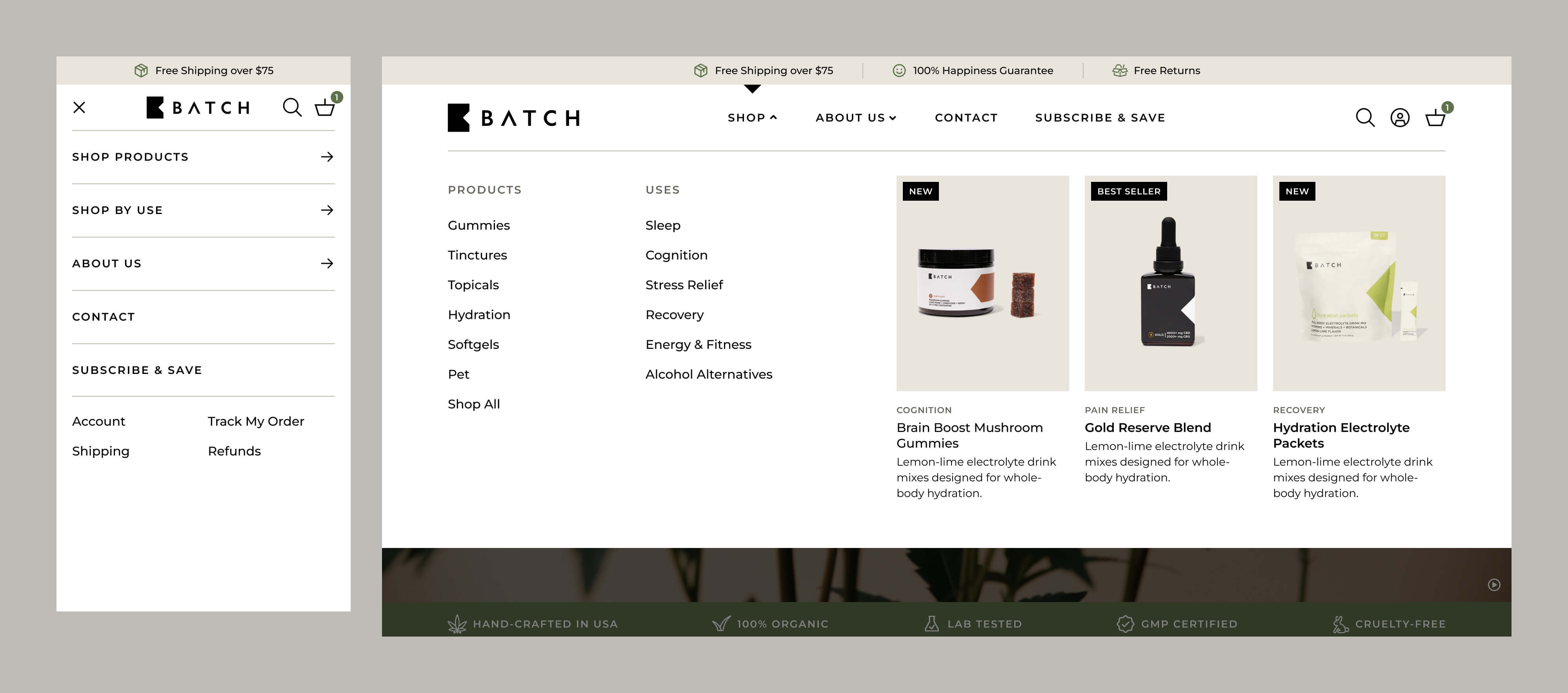 The mobile nav menu and desktop mega menu show the shop links grouped by category and benefit.