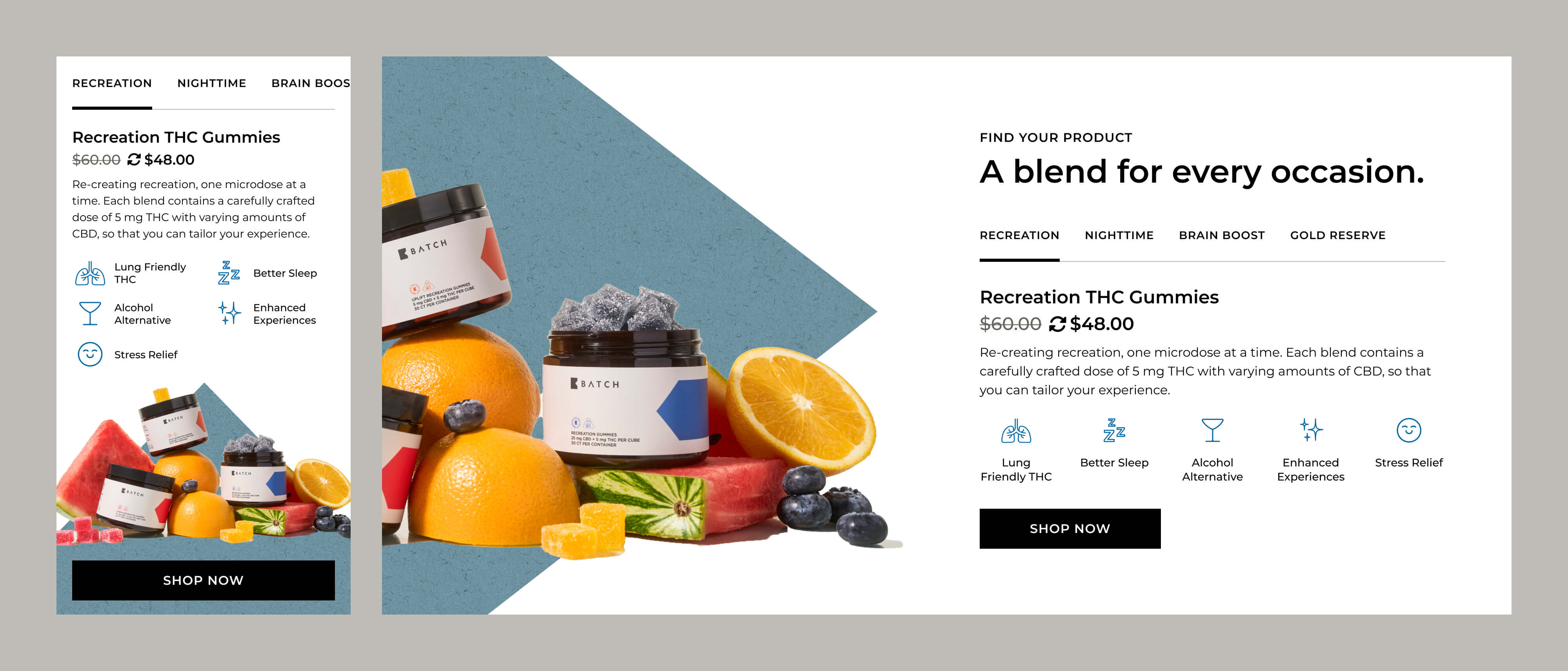 Example of a product module with a product photo and a tabbed interface for choosing a gummy.