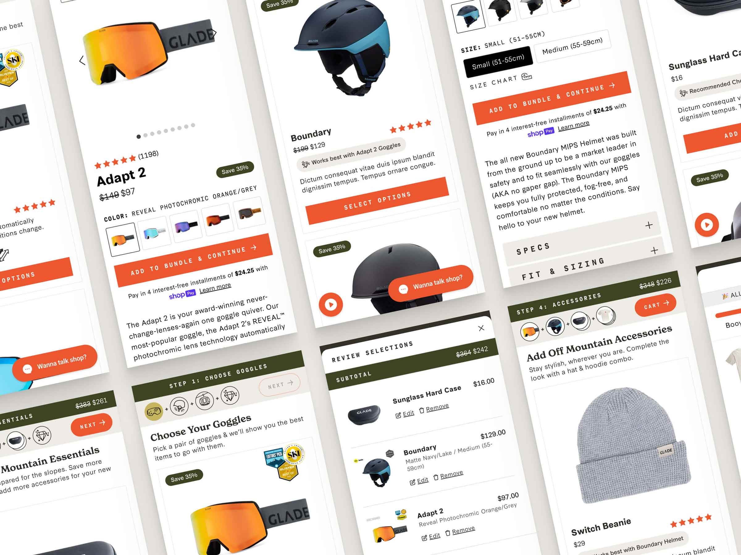 Glade Optics bundle builder screens showing goggles, helmets, accessories, product details, and kit selection.