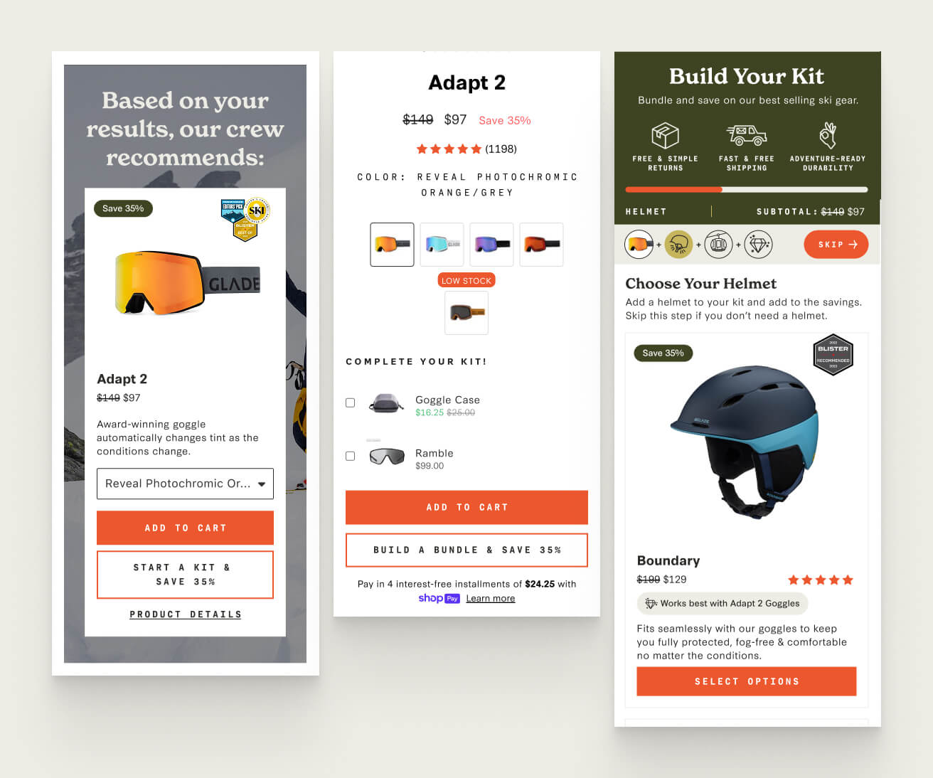 Mobile screens showing a goggle quiz recommendation, the selected goggle, and compatible helmet recommendations in the bundle builder.