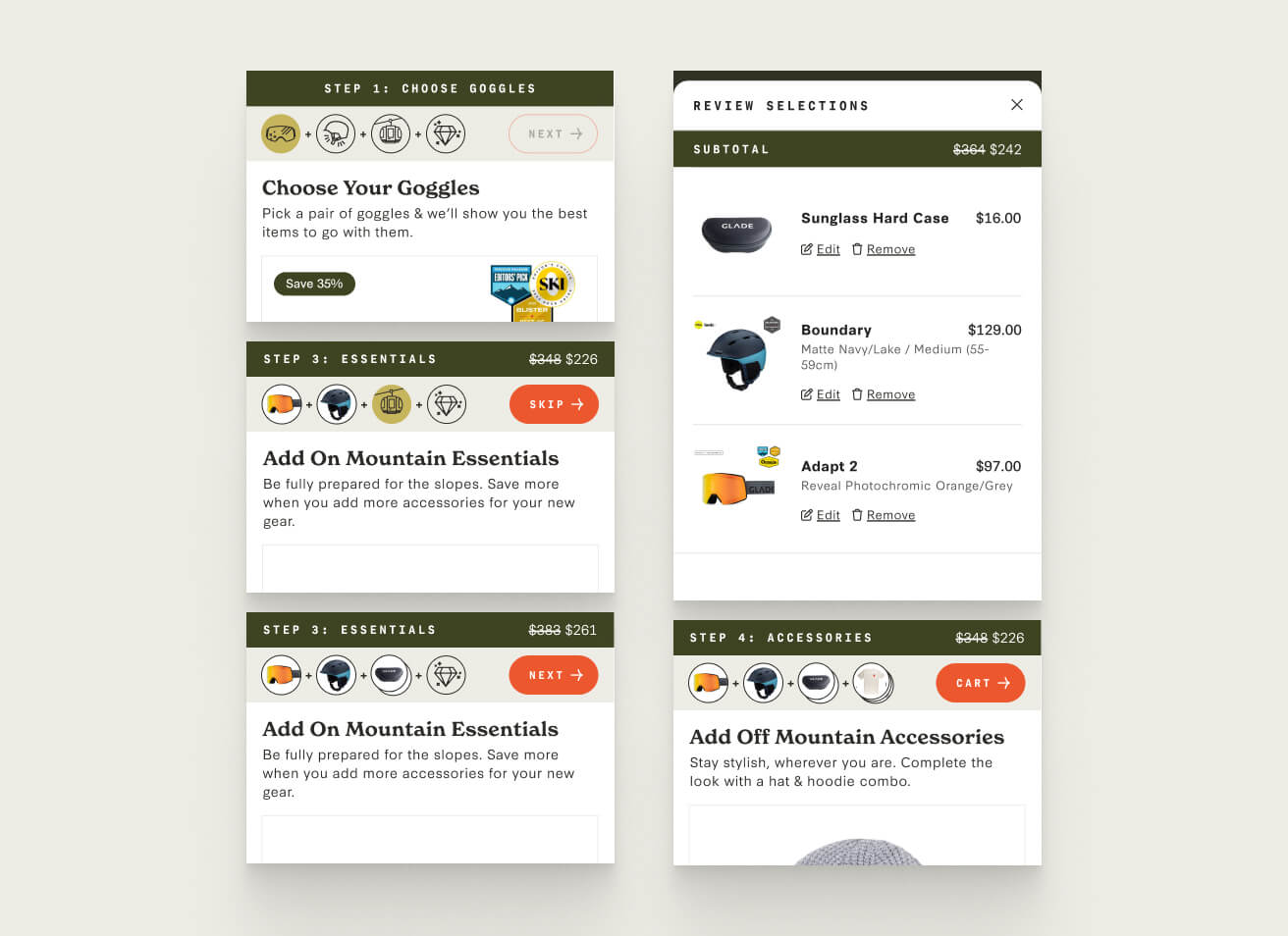 Bundle builder screens showing selected products in the progress bar and an expanded kit summary with subtotal and edit controls.
