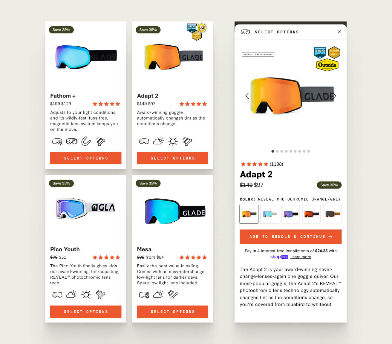 Goggle comparison cards alongside an expanded product detail view with variants, features, pricing, and specifications.