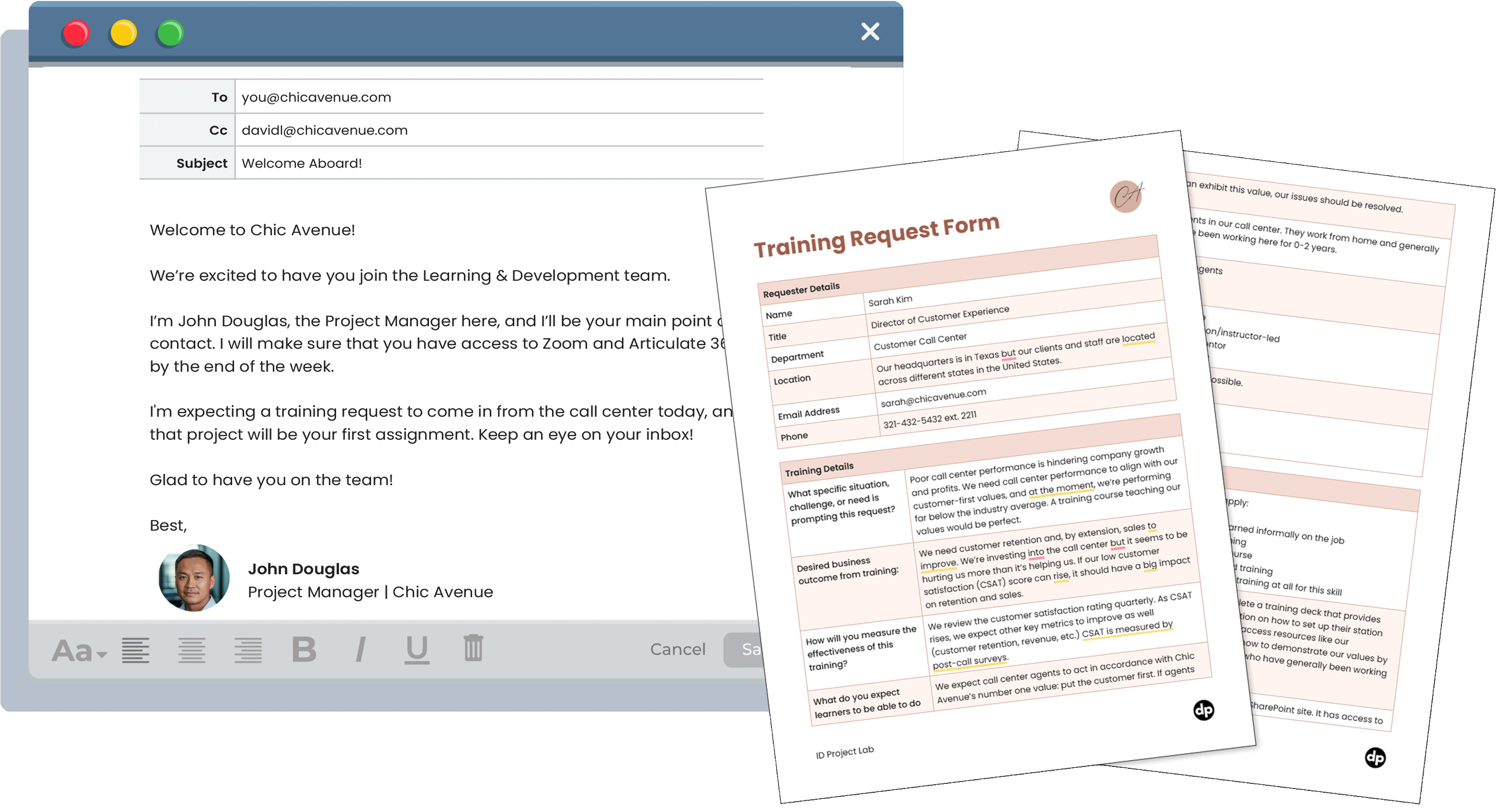 A image of a welcome email and training request form from Chic Avenue, a fictional company