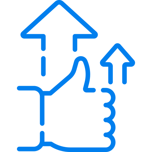 An icon of a hand giving a thumbs up and two blue arrows arising from the background