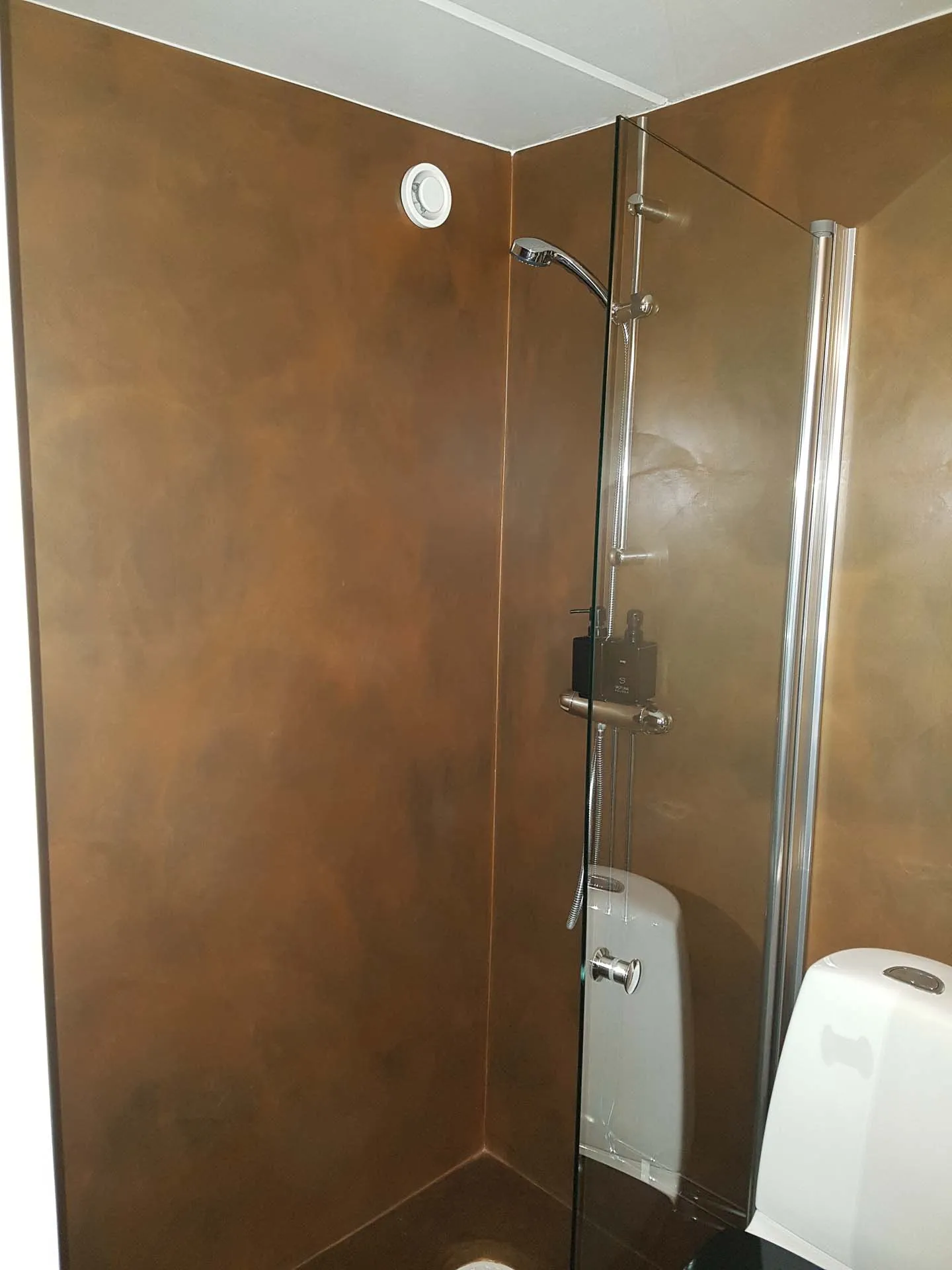 Bronze metallic microcement shower walls with glass screen