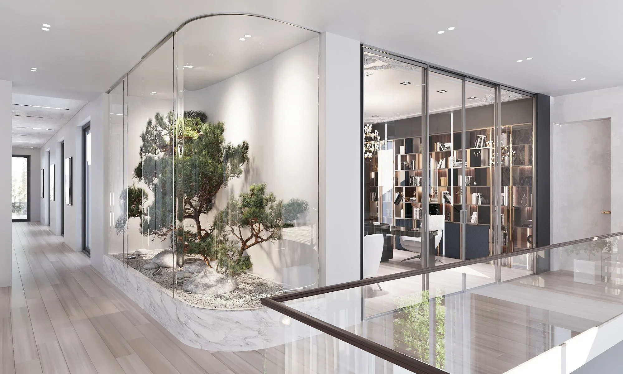 Bright hallway with glazed indoor garden and glass-walled library