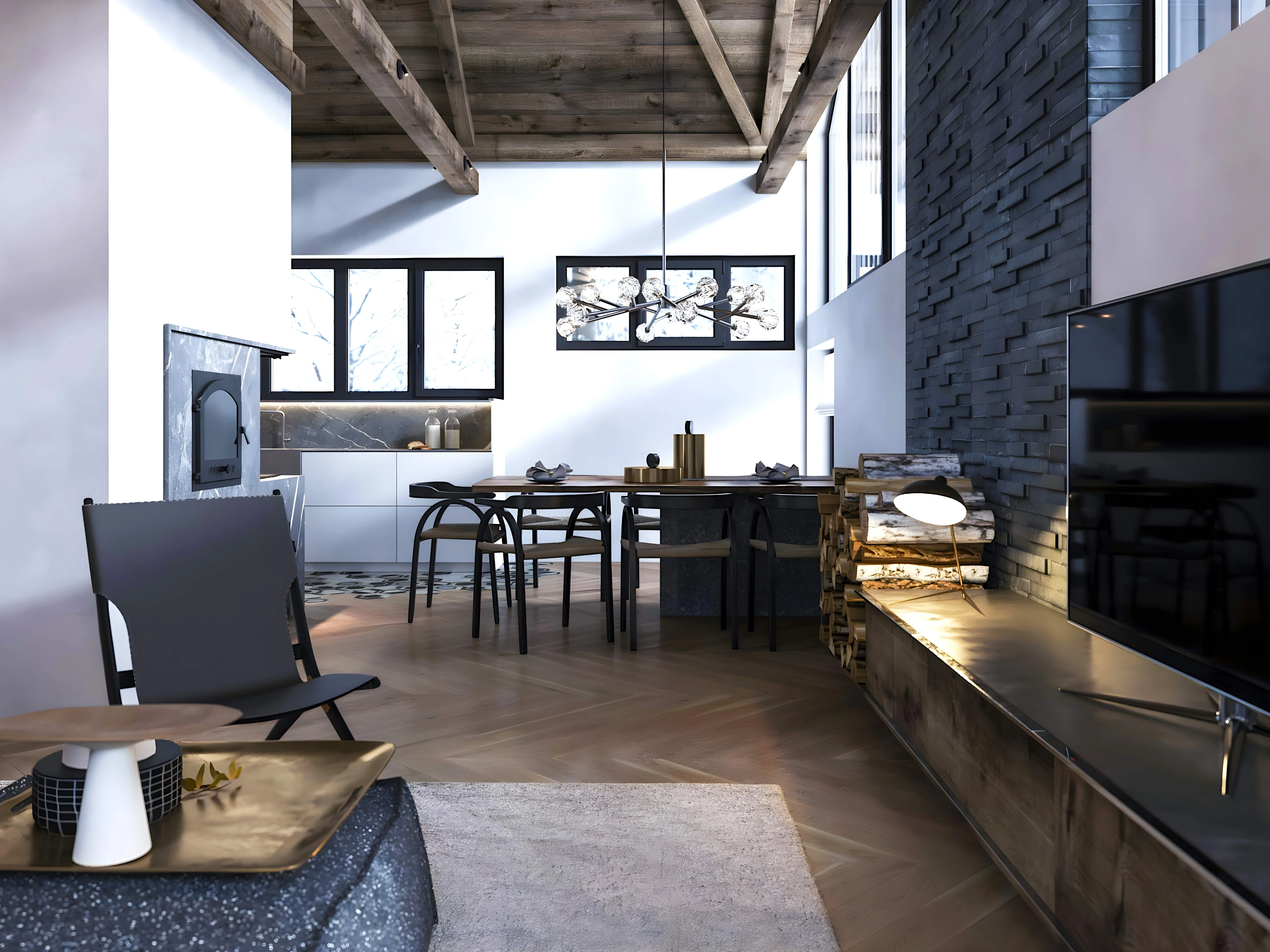 Open-plan living and dining space with exposed timber roof beams and herringbone floor