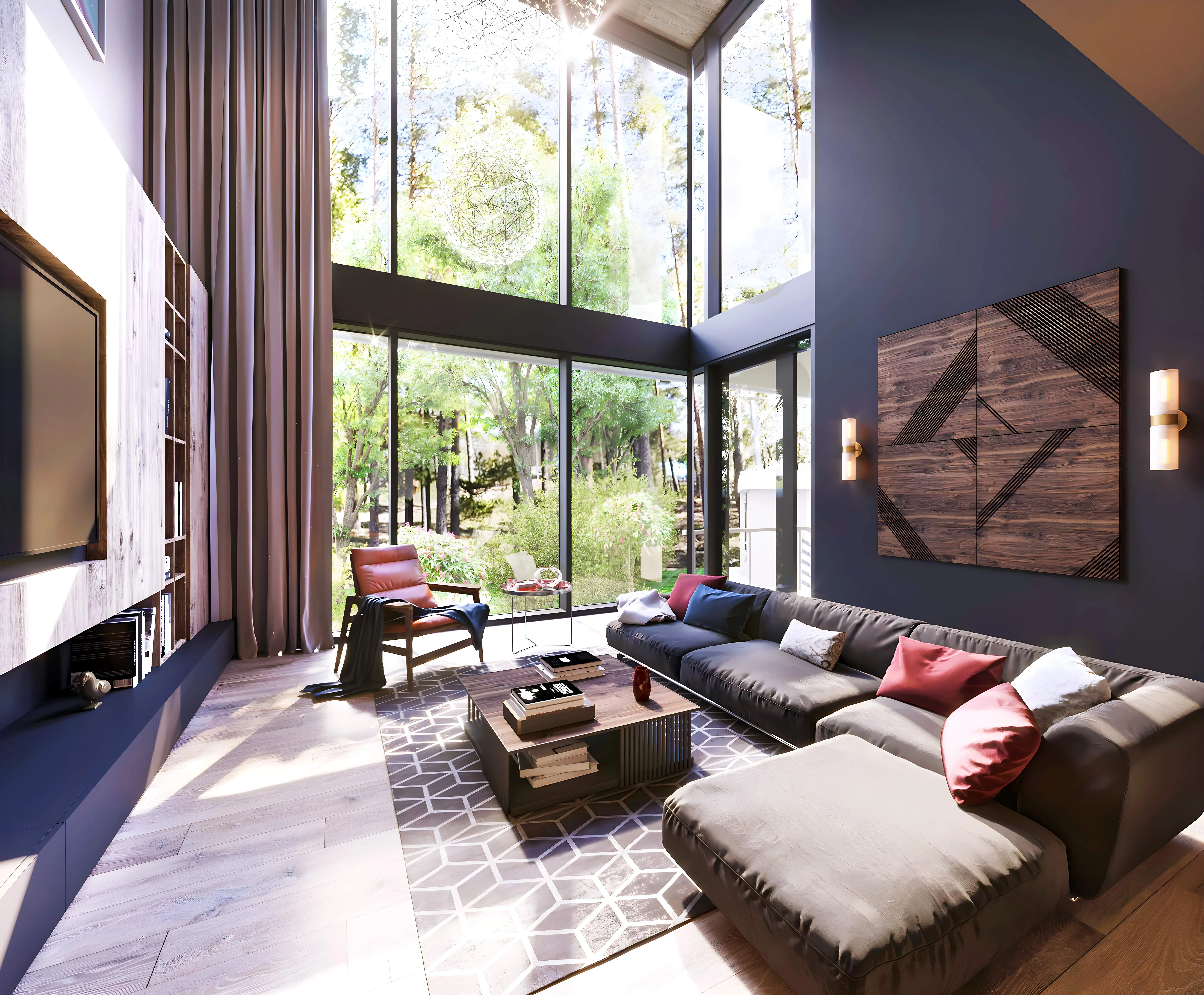 Double-height living room with floor-to-ceiling glazing, grey corner sofa and navy feature wall