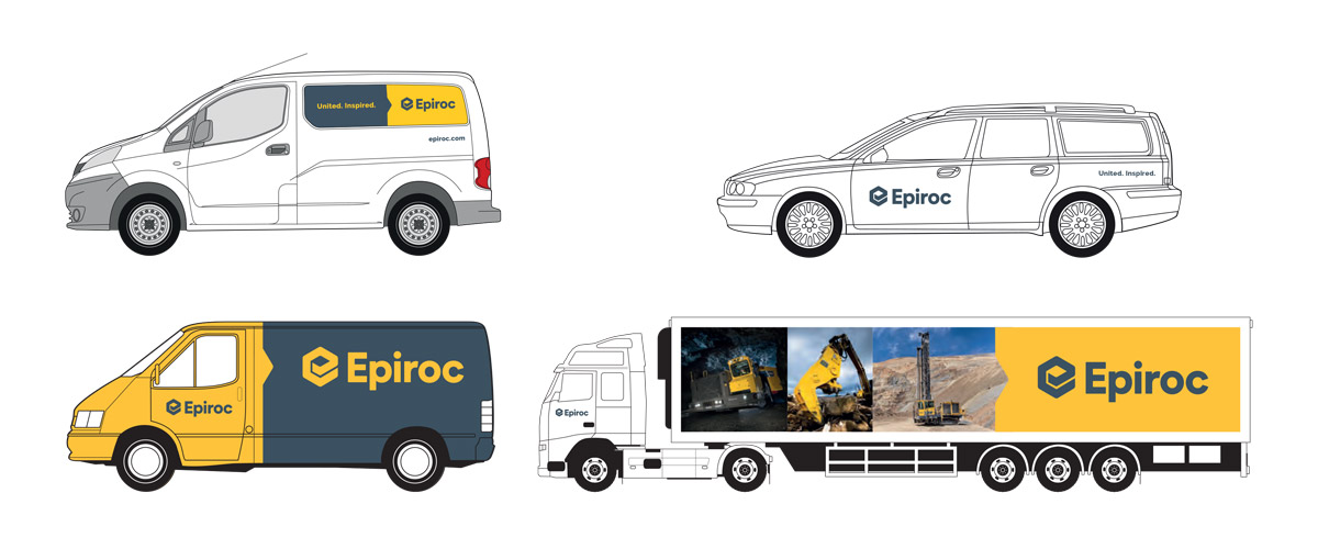 Four mock-ups of the Epiroc branding being used on different types of vehicles.