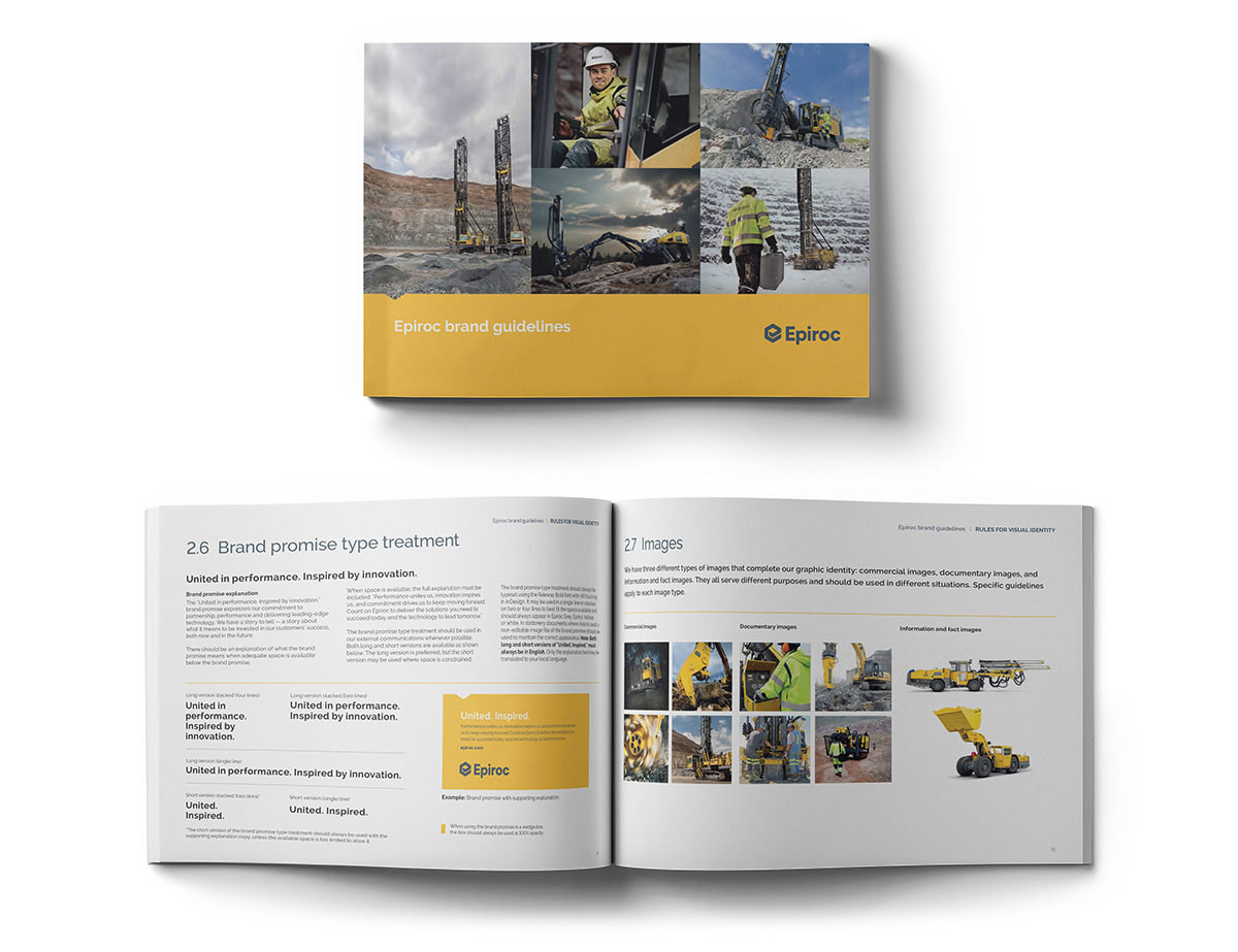 Cover of Epiroc brand guidelines booklet with a view of the opened booklet below.