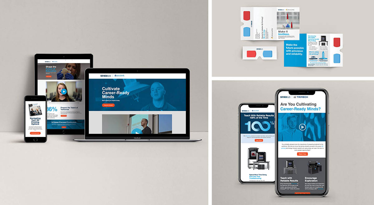 A series of photos showing elements of the reseller education program on a laptop, tablet, and phone screens.