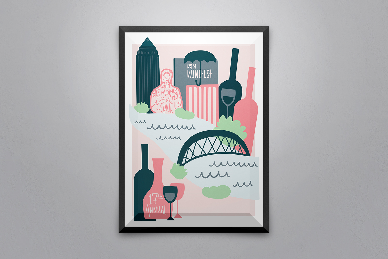 The annual, illustrated Winefest poster showing the Des Moines skyline, river, and wine bottles.
